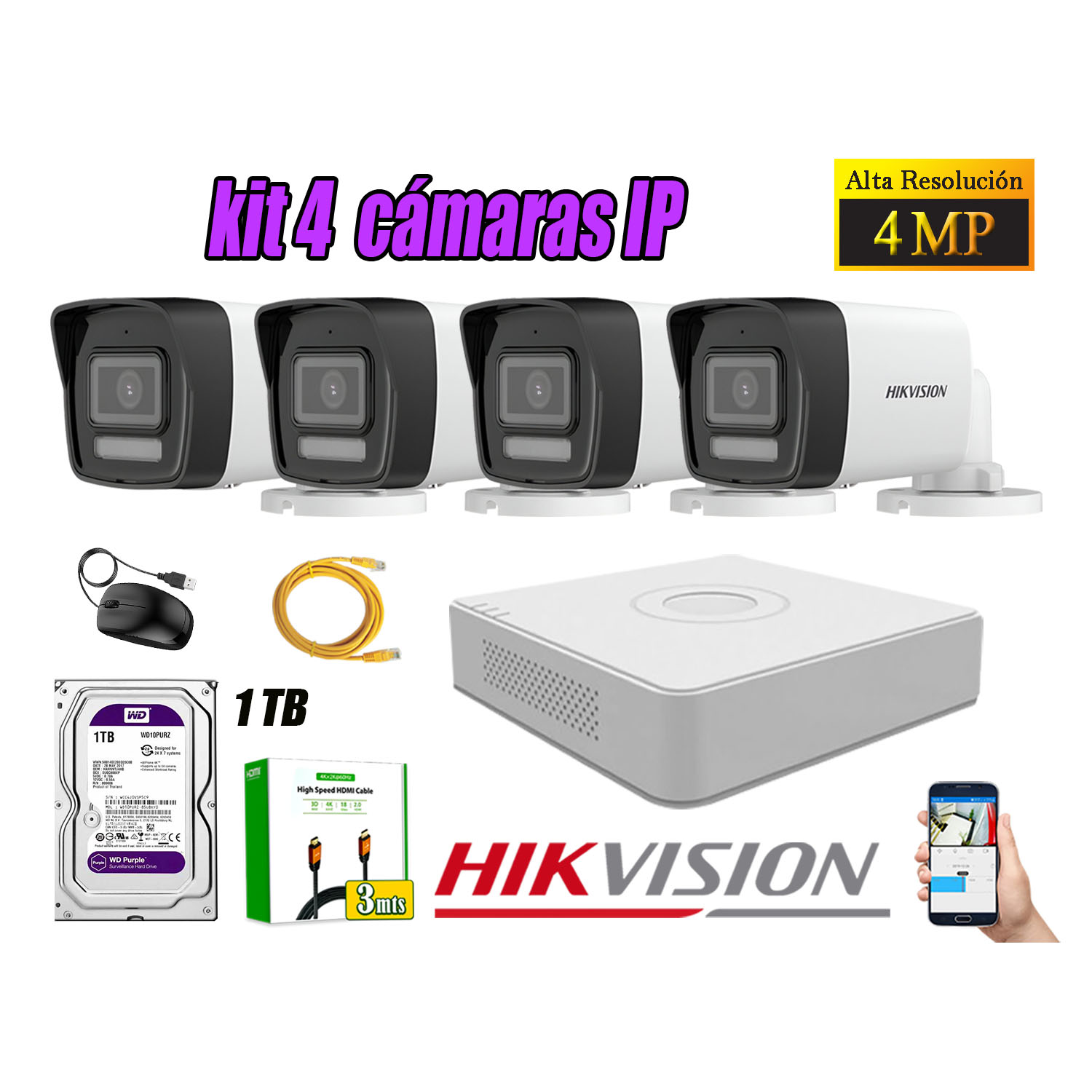 KIT 4 CÁMARA SEGURIDAD HIKVISION IP POE 4MP TUBO AUDIO INCORPORADO DISCO 1TB - 1