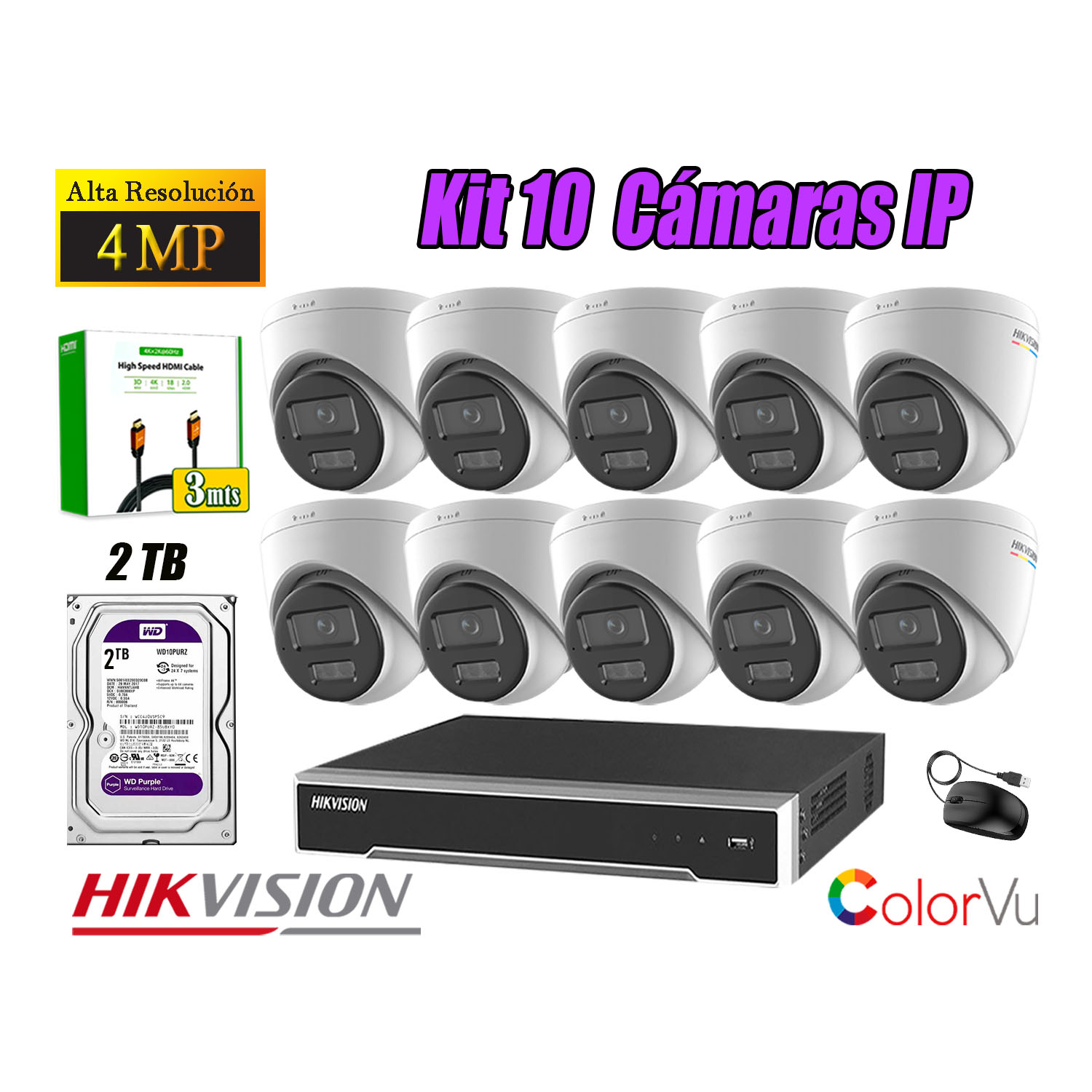 KIT 10 CÁMARA SEGURIDAD HIKVISION IP POE 4MP COLOR VU DOMO VISIÓN COLOR DISCO 2TB - 1
