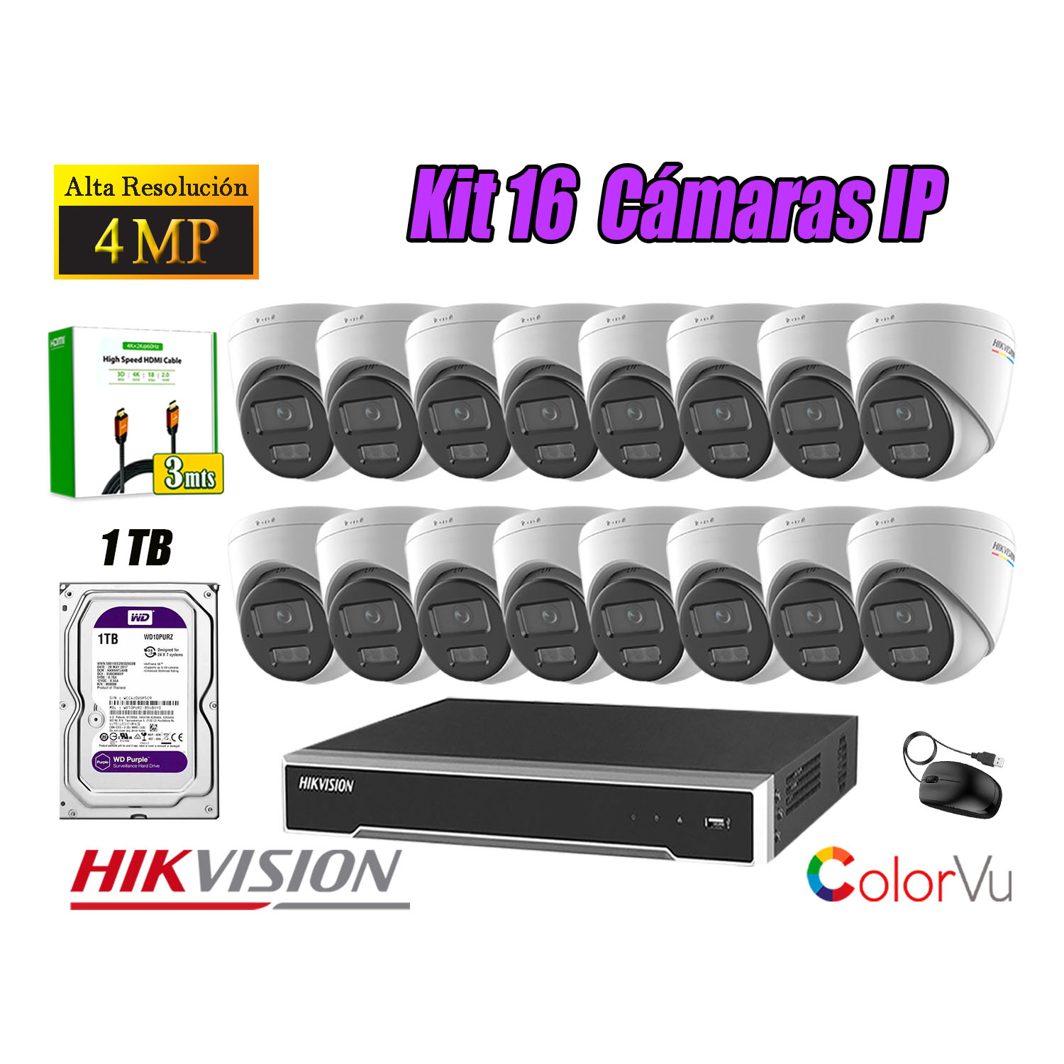 KIT 16 CÁMARA SEGURIDAD HIKVISION IP POE 4MP COLOR VU DOMO VISIÓN COLOR DISCO 1TB - 1