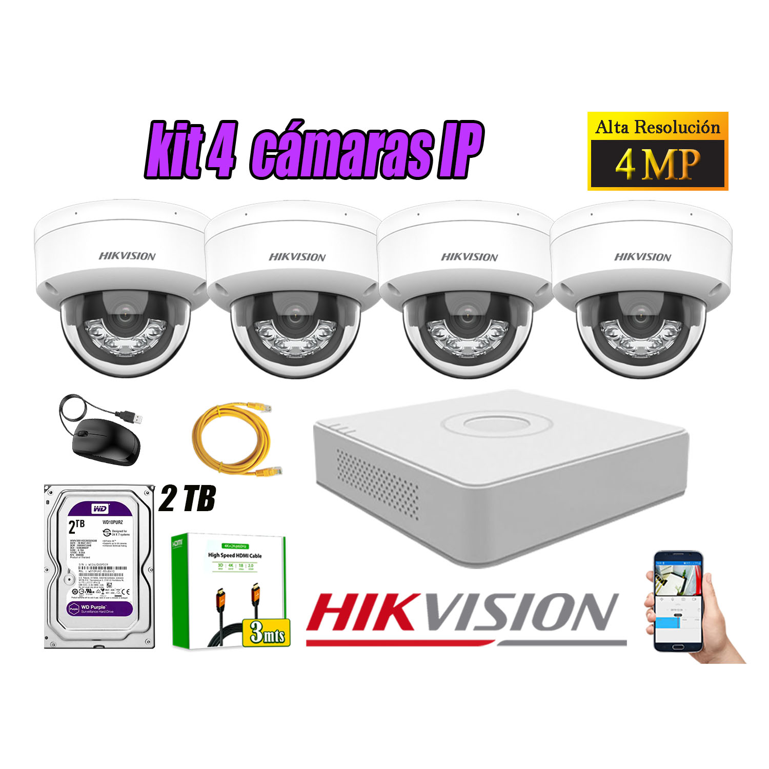 KIT 4 CÁMARA SEGURIDAD HIKVISION IP POE 4MP DOMO AUDIO ANTIVANDÁLICO DISCO 2TB - 1