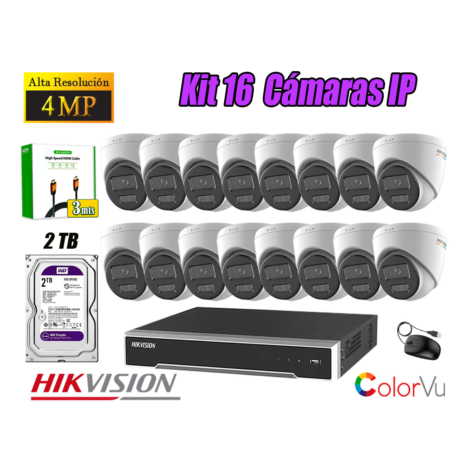 KIT 16 CÁMARA SEGURIDAD HIKVISION IP POE 4MP COLOR VU DOMO VISIÓN COLOR DISCO 2TB - 1