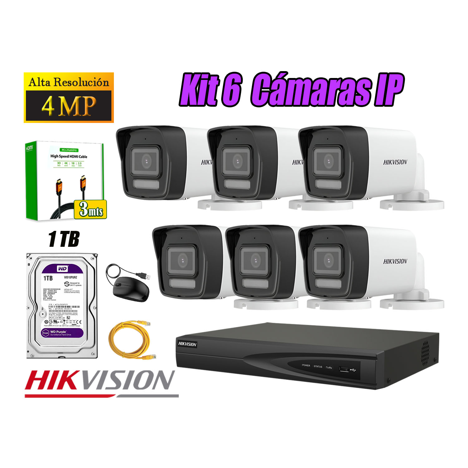KIT 6 CÁMARA SEGURIDAD HIKVISION IP POE 4MP TUBO AUDIO INCORPORADO DISCO 1TB - 1