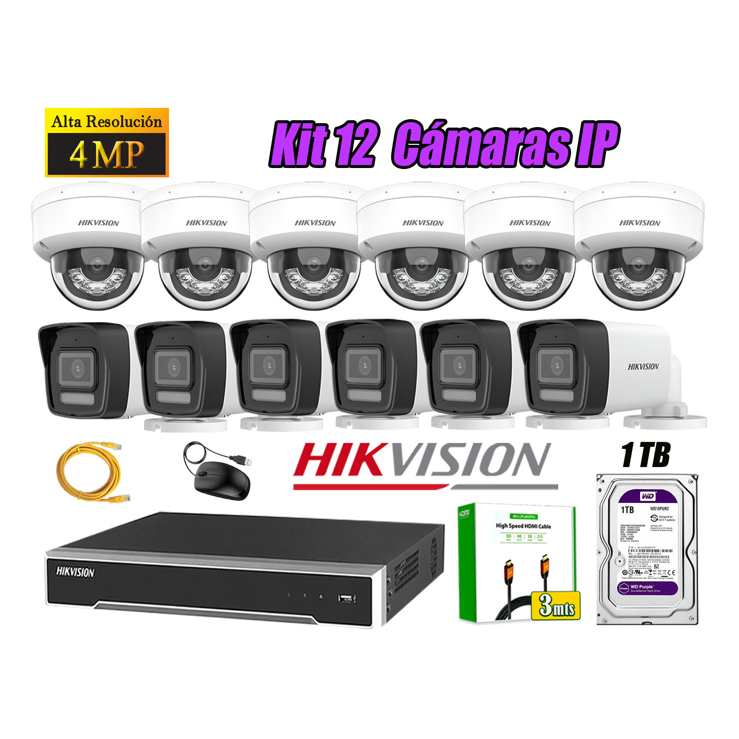 KIT 12 CÁMARA SEGURIDAD HIKVISION IP POE 4MP AUDIO INCORPORADO HDMI 3M DISCO 1TB - 1
