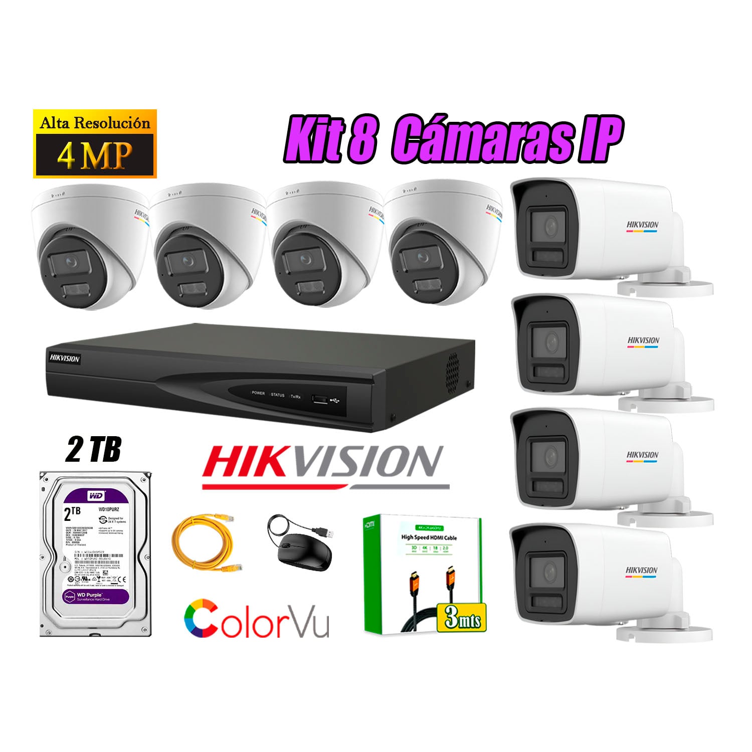 KIT 8 CÁMARA SEGURIDAD HIKVISION IP POE 4MP COLOR VU AUDIO LUZ INTELIGENTE 2TB WD - 1