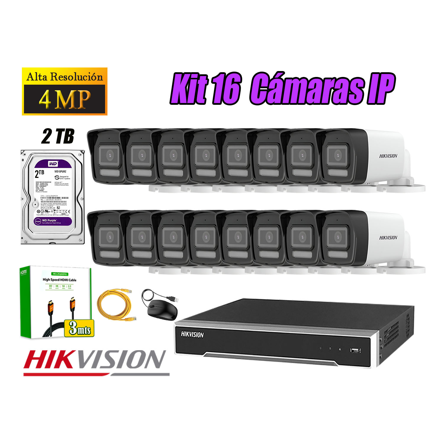 KIT 16 CÁMARA SEGURIDAD HIKVISION IP POE 4MP TUBO AUDIO INCORPORADO DISCO 2TB - 1
