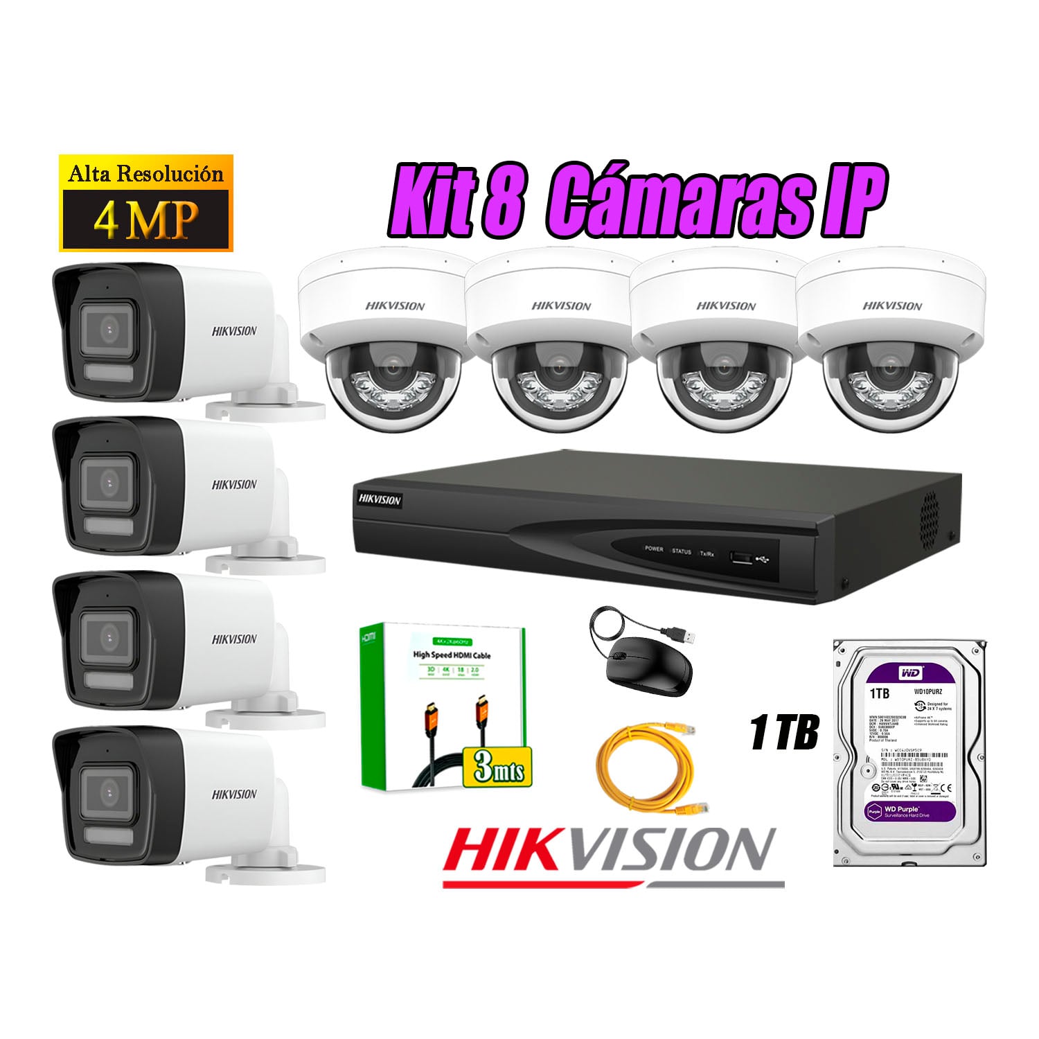 KIT 8 CÁMARA SEGURIDAD HIKVISION IP POE 4MP AUDIO INCORPORADO HDMI 3M DISCO 1TB - 1