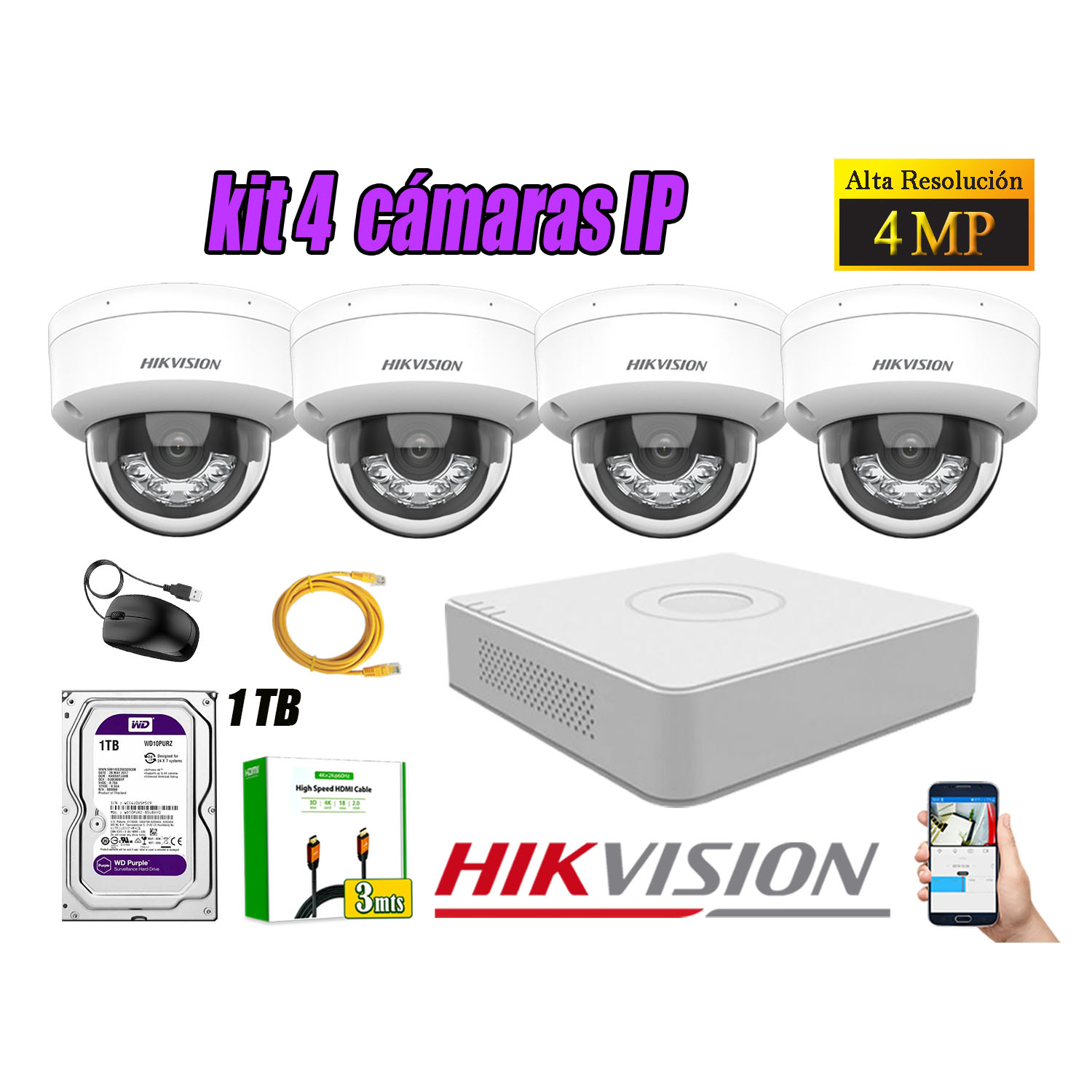 KIT 4 CÁMARA SEGURIDAD HIKVISION IP POE 4MP DOMO AUDIO ANTIVANDÁLICO DISCO 1TB - 1