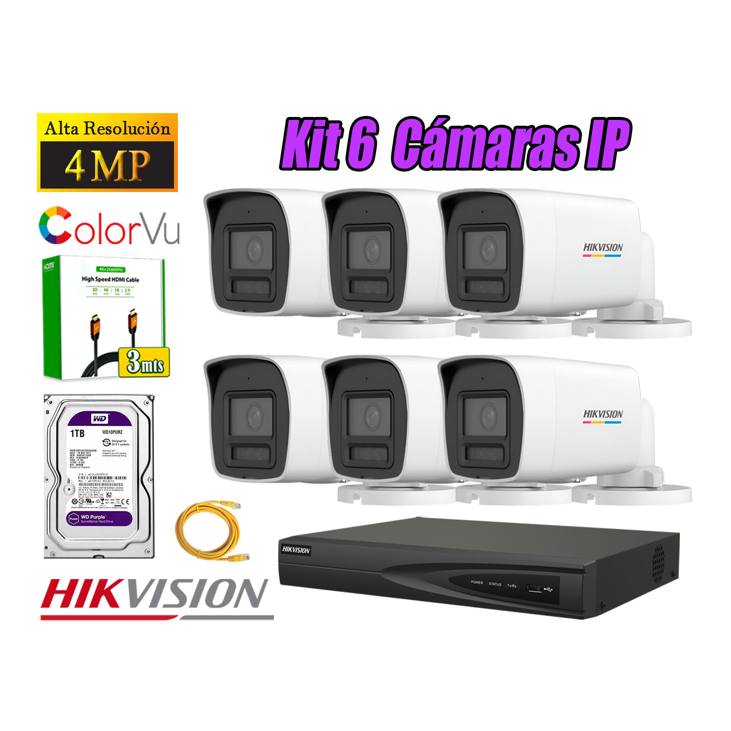 KIT 6 CÁMARA SEGURIDAD HIKVISION IP POE 4MP COLOR VU TUBO VISIÓN COLOR DISCO 1TB - 1