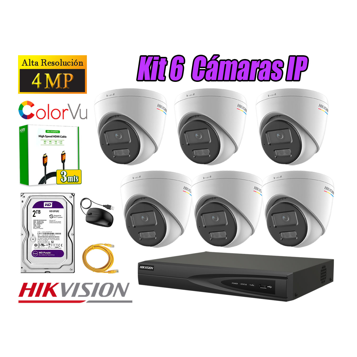 KIT 6 CÁMARA SEGURIDAD HIKVISION IP POE 4MP COLOR VU DOMO VISIÓN COLOR DISCO 2TB - 1