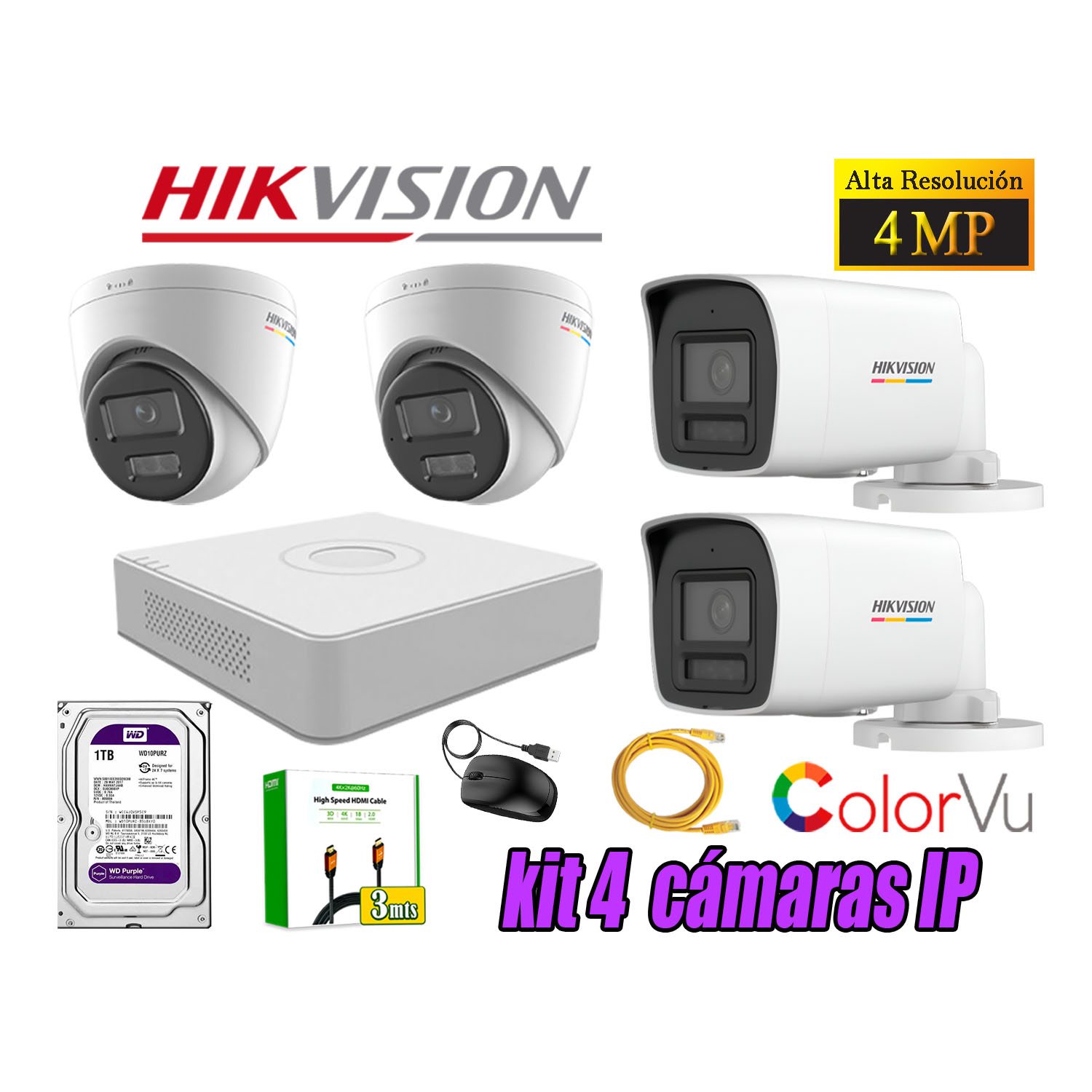 KIT 4 CÁMARA SEGURIDAD HIKVISION IP POE 4MP COLOR VU AUDIO LUZ INTELIGENTE 1TB WD - 1