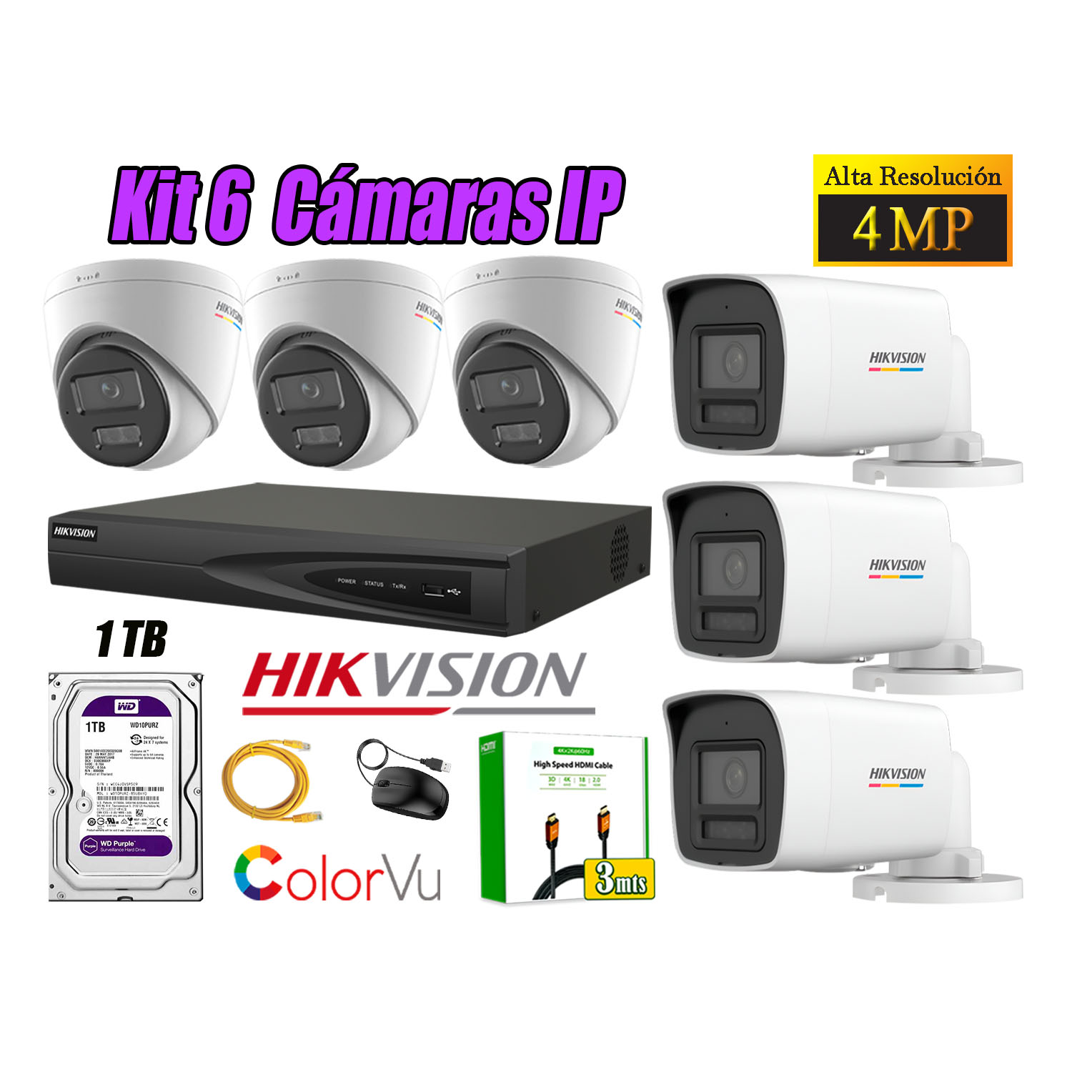 KIT 6 CÁMARA SEGURIDAD HIKVISION IP POE 4MP COLOR VU AUDIO LUZ INTELIGENTE 1TB WD - 1