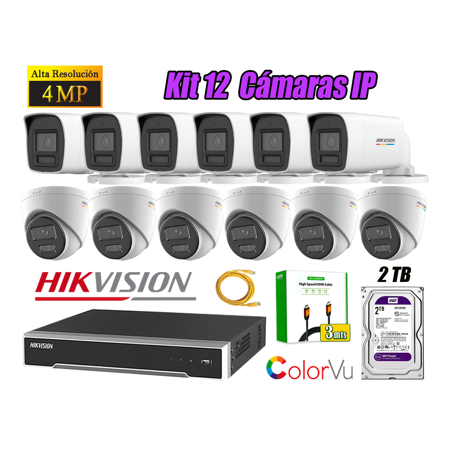 KIT 12 CÁMARA SEGURIDAD HIKVISION IP POE 4MP COLOR VU AUDIO LUZ INTELIGENTE 2TB WD - 1