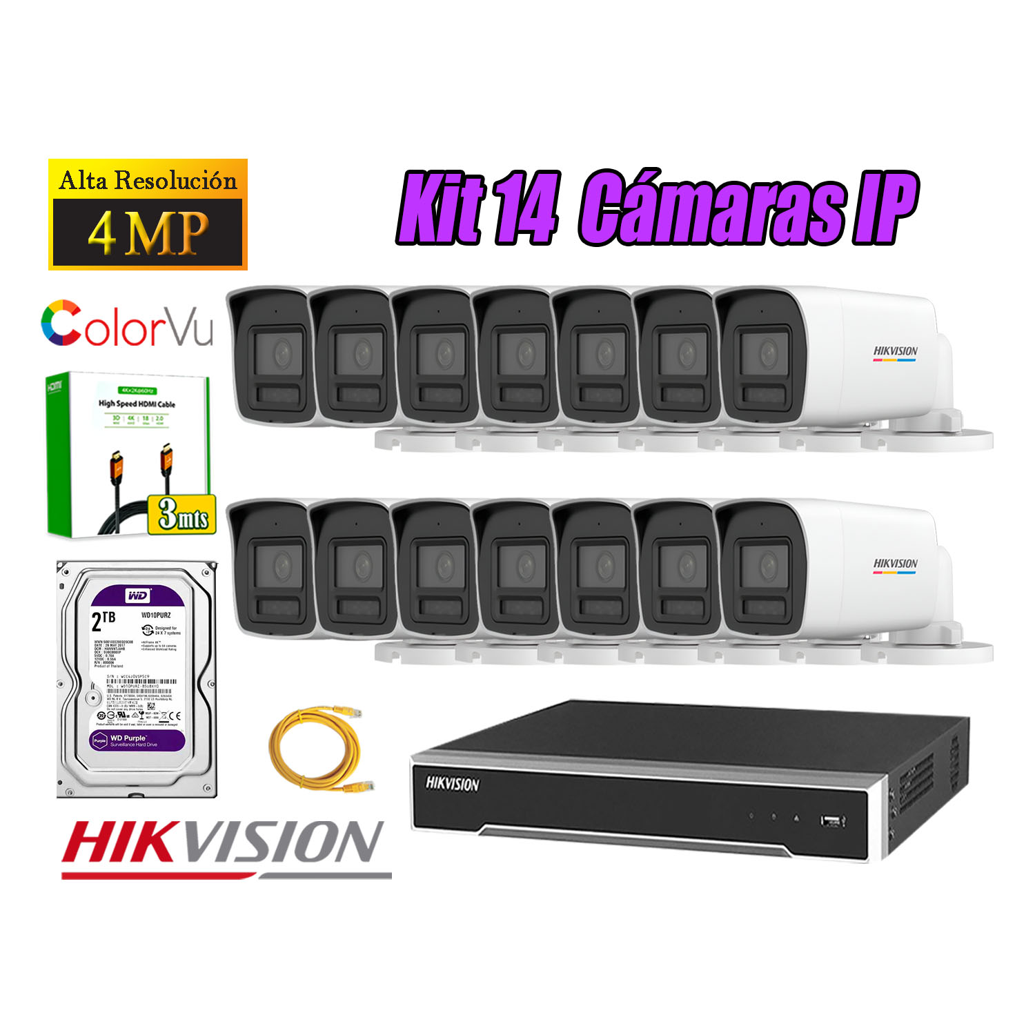 KIT 14 CÁMARA SEGURIDAD HIKVISION IP POE 4MP COLOR VU TUBO VISIÓN COLOR DISCO 2TB - 1