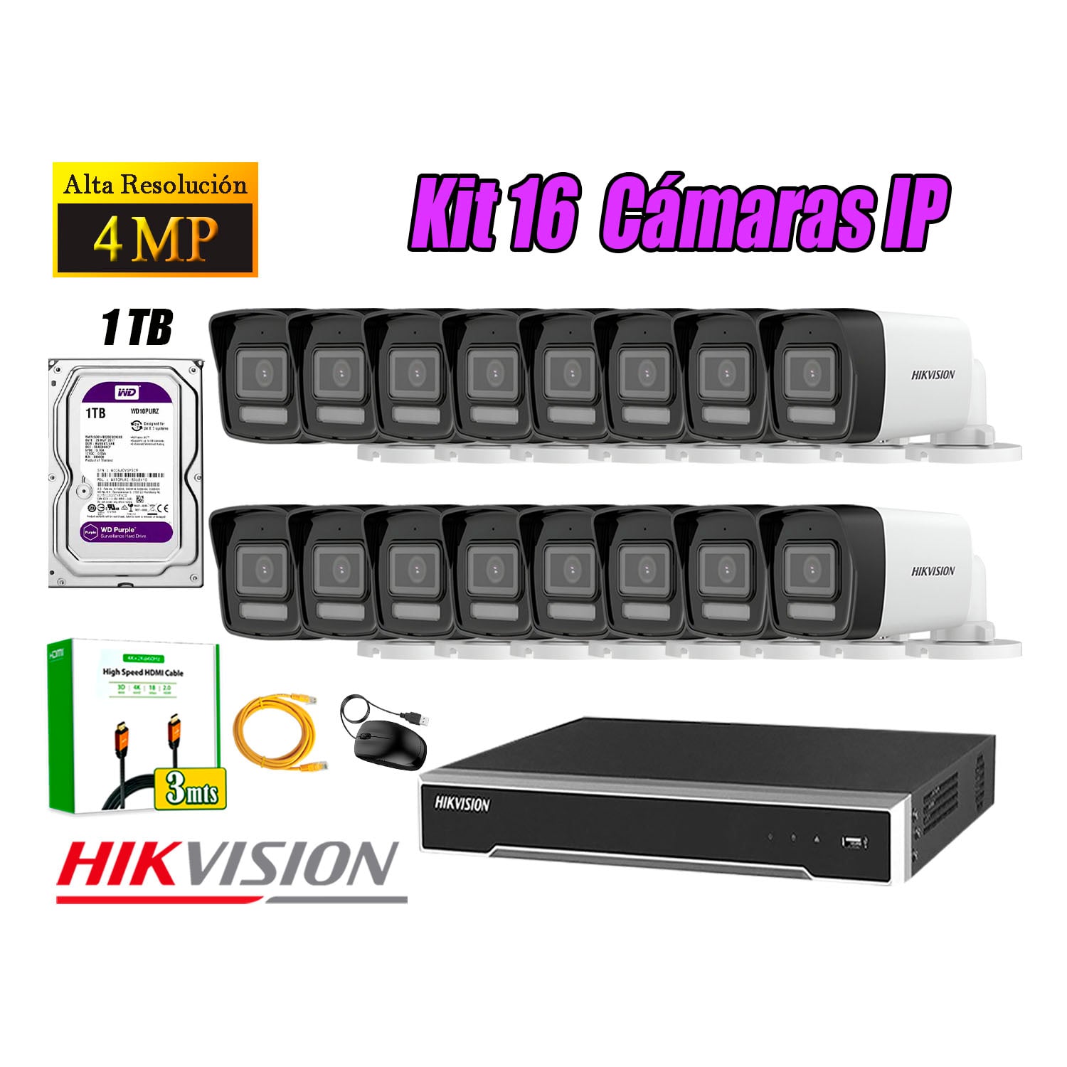 KIT 16 CÁMARA SEGURIDAD HIKVISION IP POE 4MP TUBO AUDIO INCORPORADO DISCO 1TB - 1