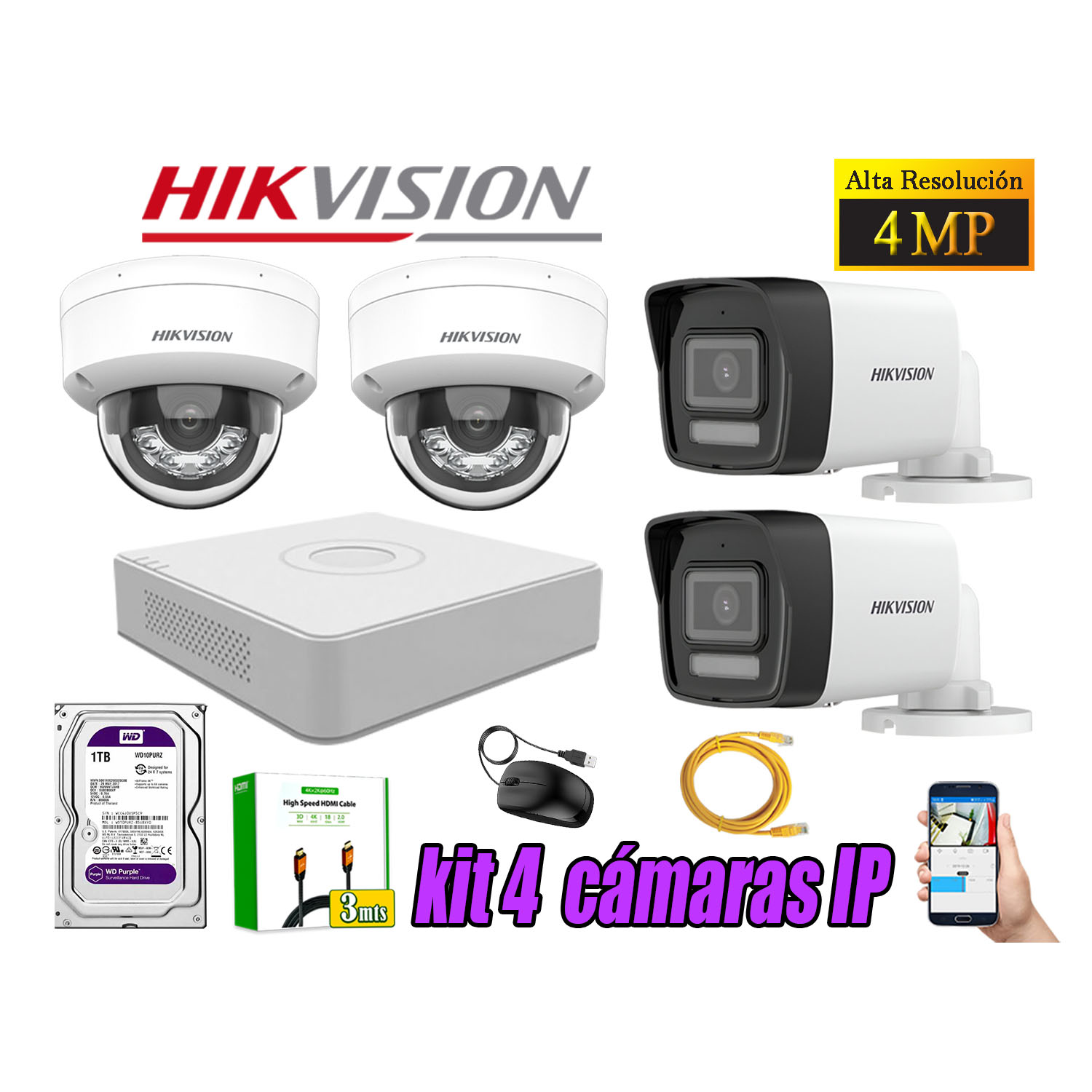 KIT 4 CÁMARA SEGURIDAD HIKVISION IP POE 4MP AUDIO INCORPORADO HDMI 3M DISCO 1TB - 1