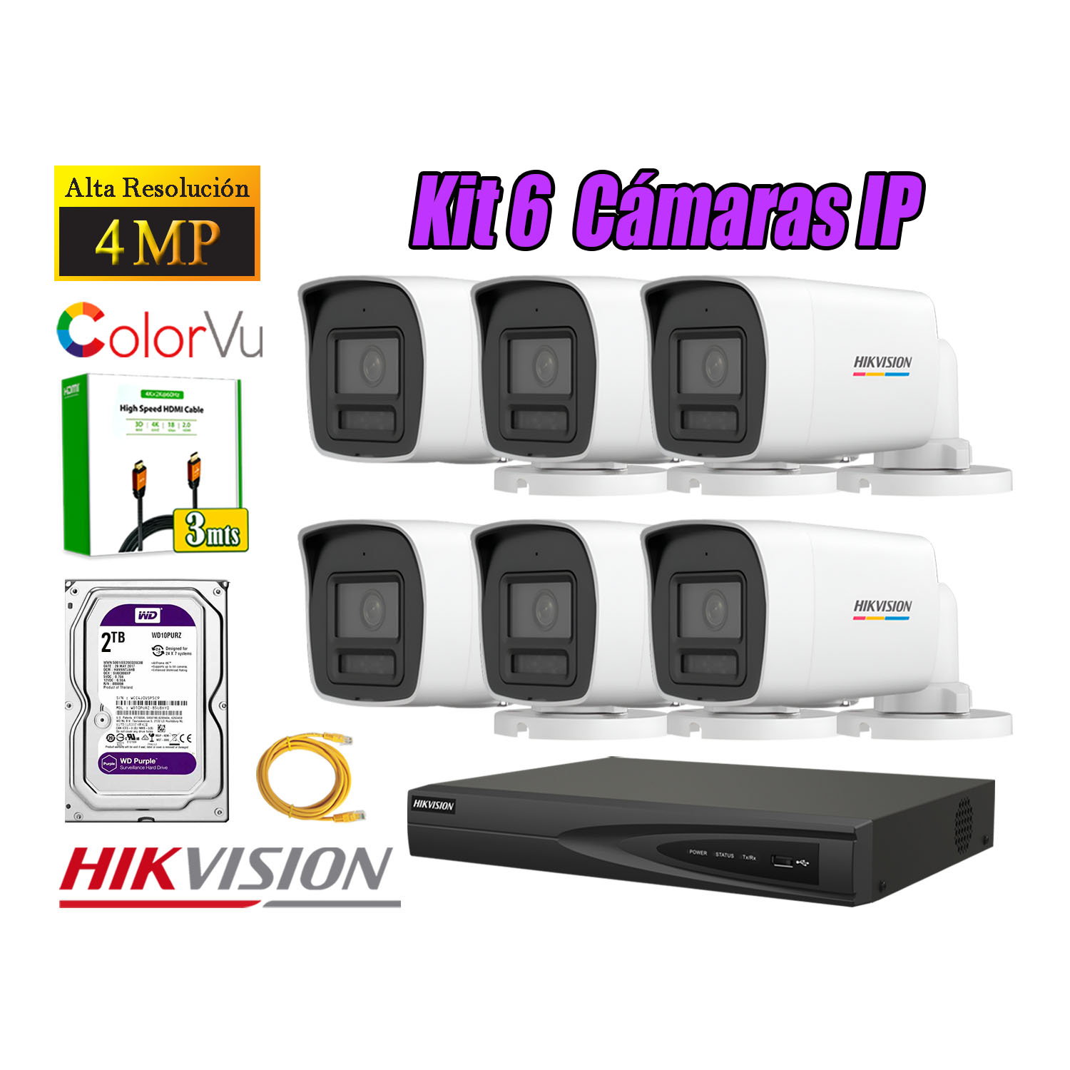 KIT 6 CÁMARA SEGURIDAD HIKVISION IP POE 4MP COLOR VU TUBO VISIÓN COLOR DISCO 2TB - 1