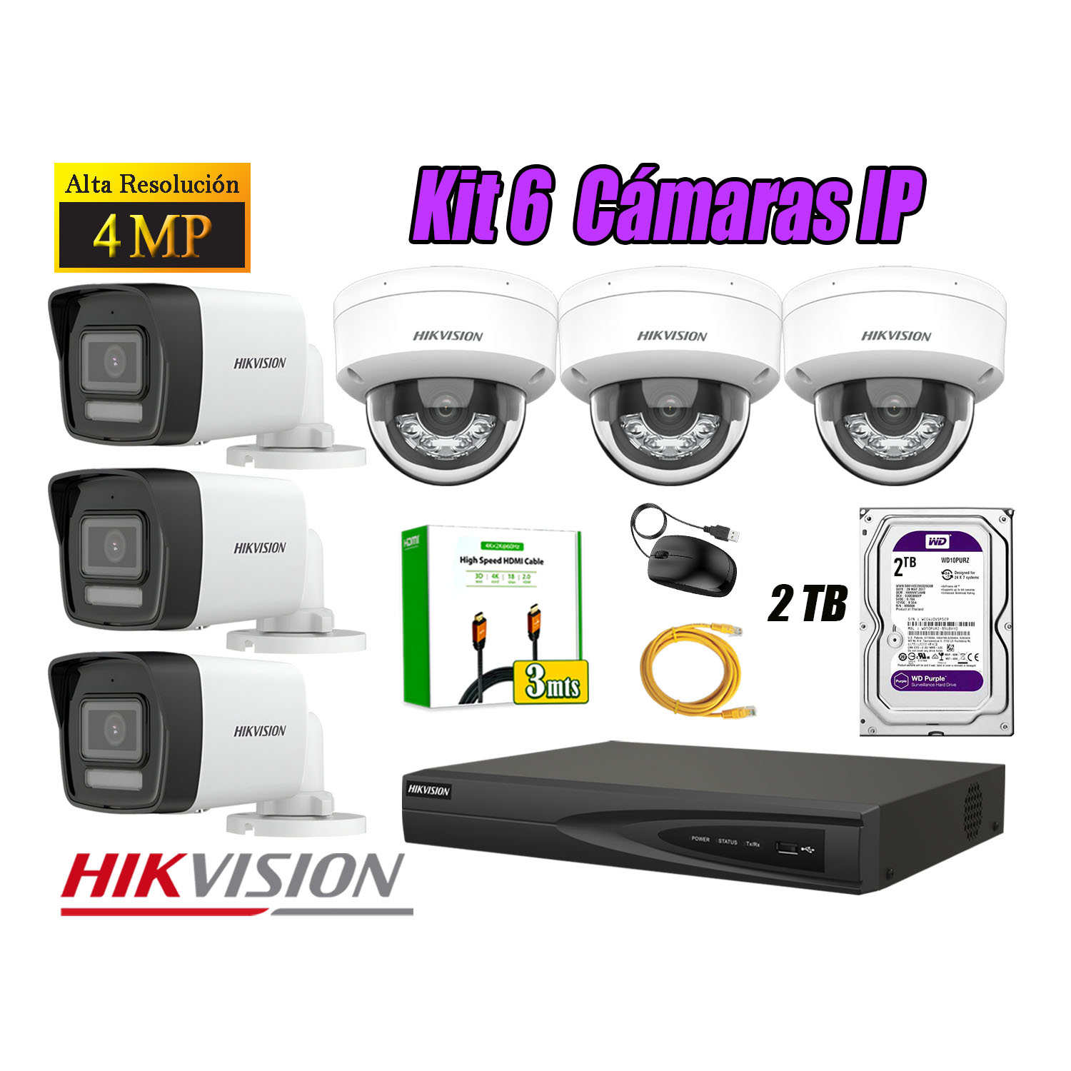 KIT 6 CÁMARA SEGURIDAD HIKVISION IP POE 4MP AUDIO INCORPORADO HDMI 3M DISCO 2TB - 1