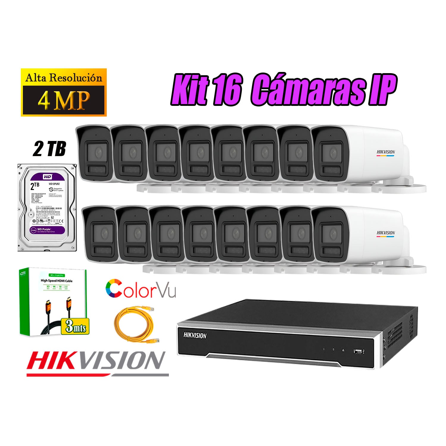 KIT 16 CÁMARA SEGURIDAD HIKVISION IP POE 4MP COLOR VU TUBO VISIÓN COLOR DISCO 2TB - 1