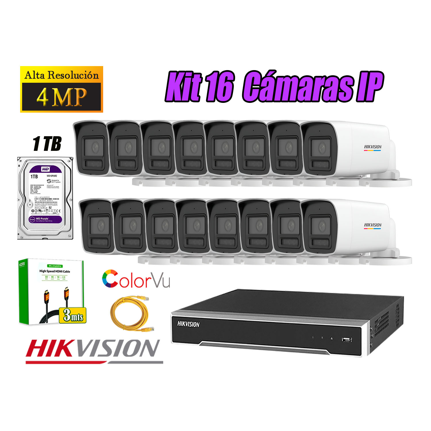 KIT 16 CÁMARA SEGURIDAD HIKVISION IP POE 4MP COLOR VU TUBO VISIÓN COLOR DISCO 1TB - 1