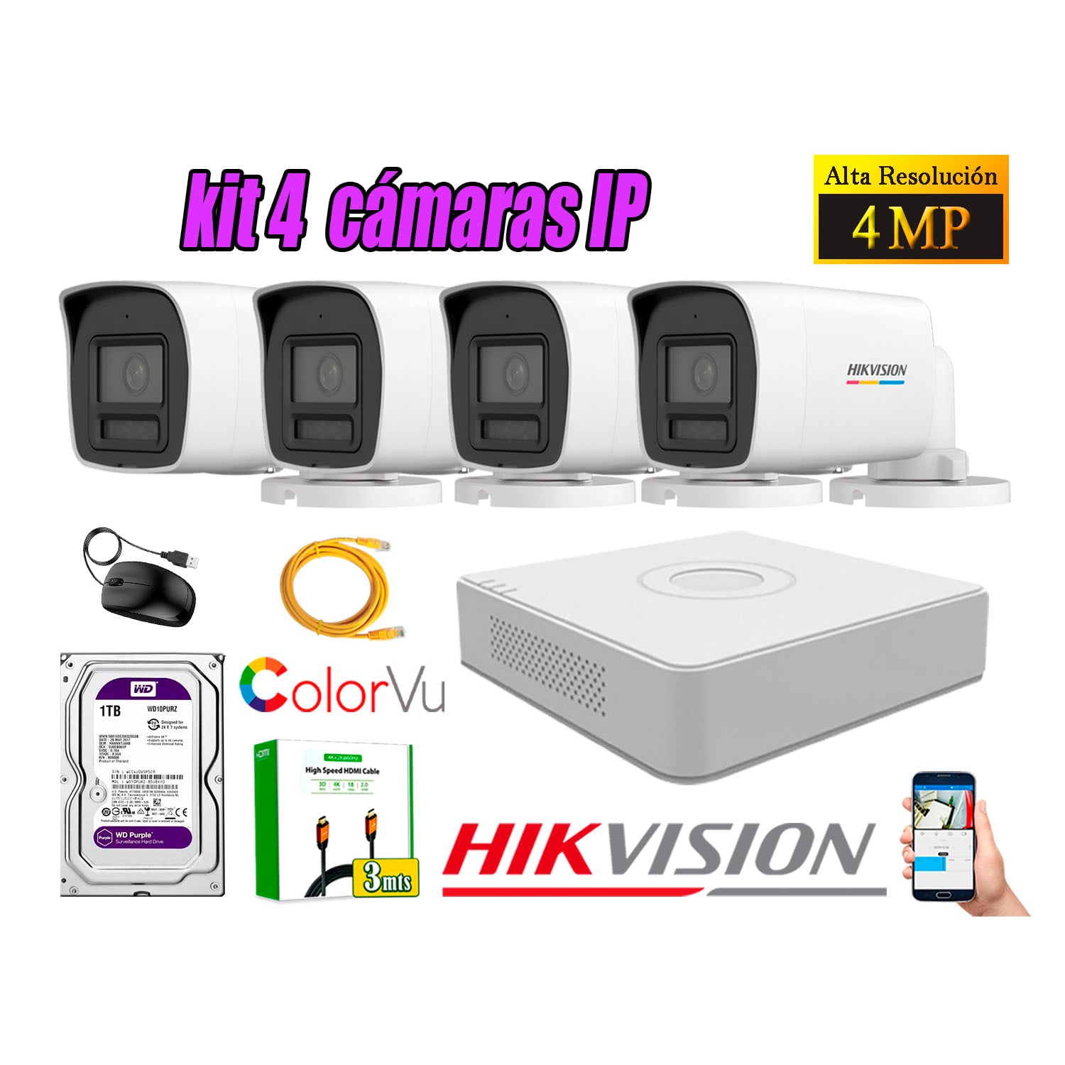 KIT 4 CÁMARA SEGURIDAD HIKVISION IP POE 4MP COLOR VU TUBO VISIÓN COLOR DISCO 1TB - 1