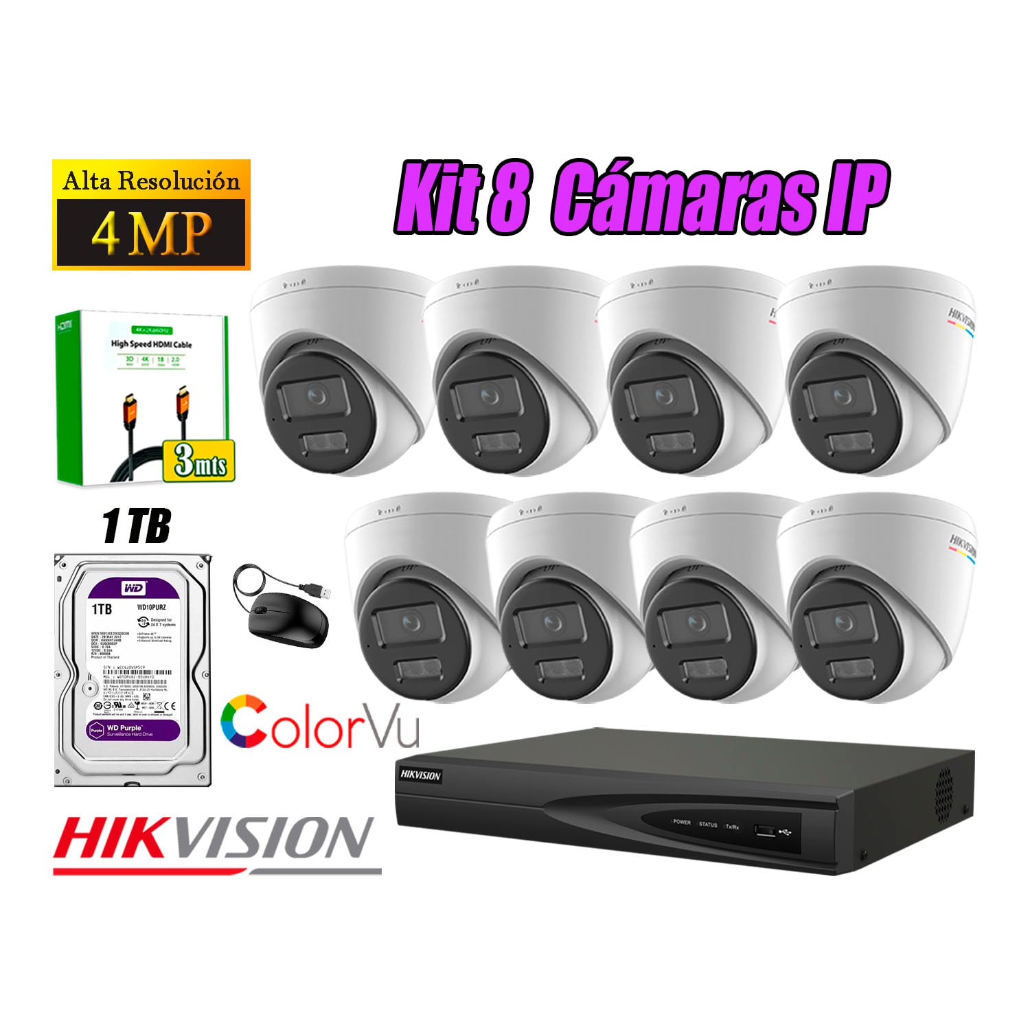 KIT 8 CÁMARA SEGURIDAD HIKVISION IP POE 4MP COLOR VU DOMO VISIÓN COLOR DISCO 1TB - 1