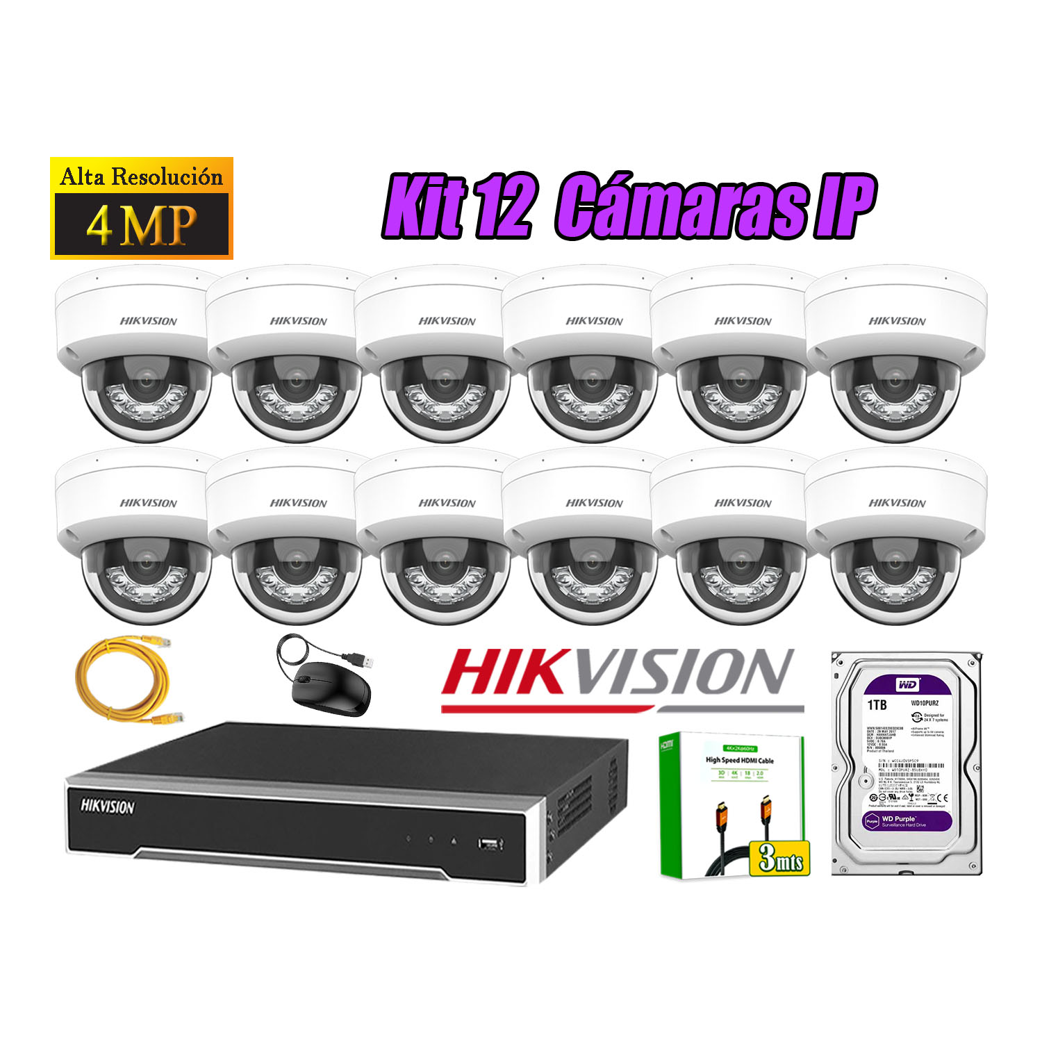 KIT 12 CÁMARA SEGURIDAD HIKVISION IP POE 4MP DOMO AUDIO ANTIVANDÁLICO DISCO 1TB - 1