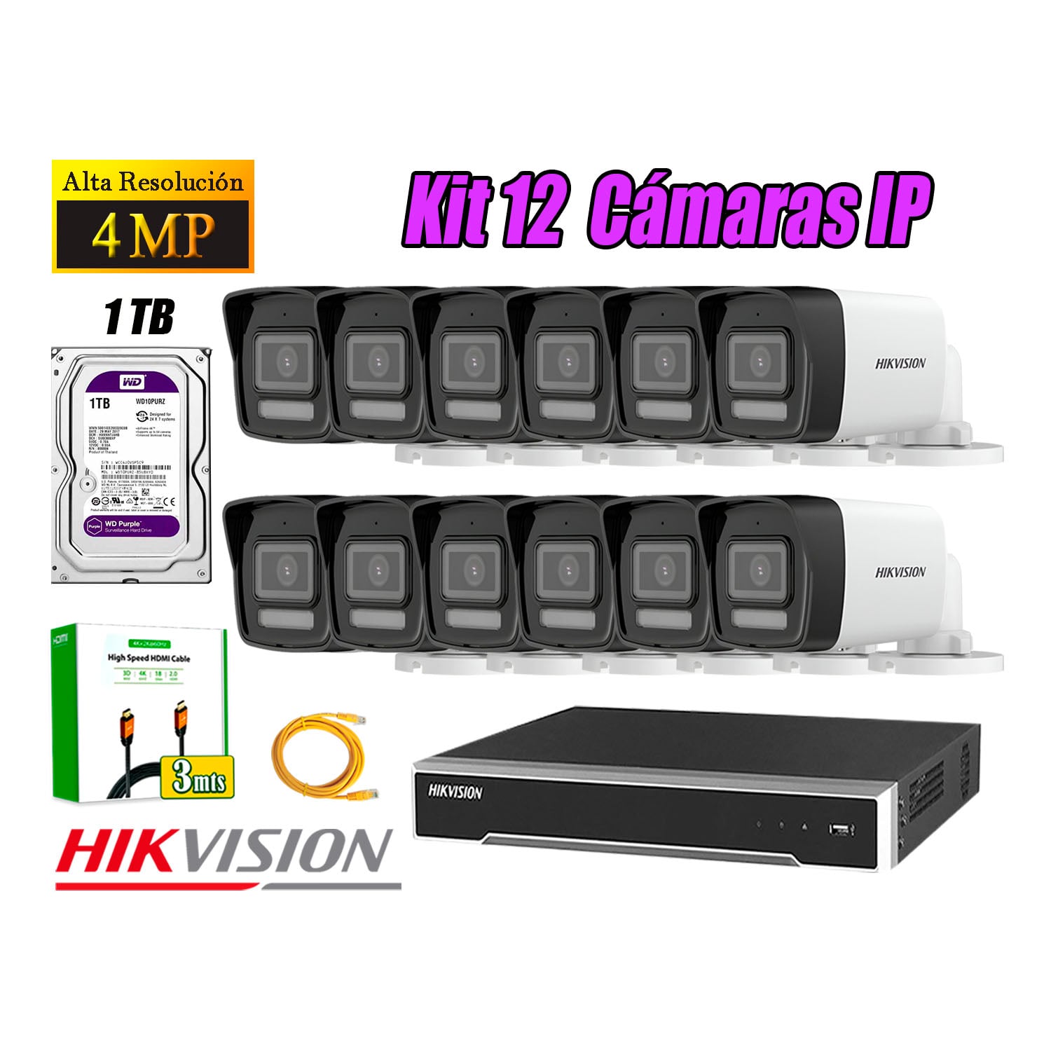 KIT 12 CÁMARA SEGURIDAD HIKVISION IP POE 4MP TUBO AUDIO INCORPORADO DISCO 1TB - 1