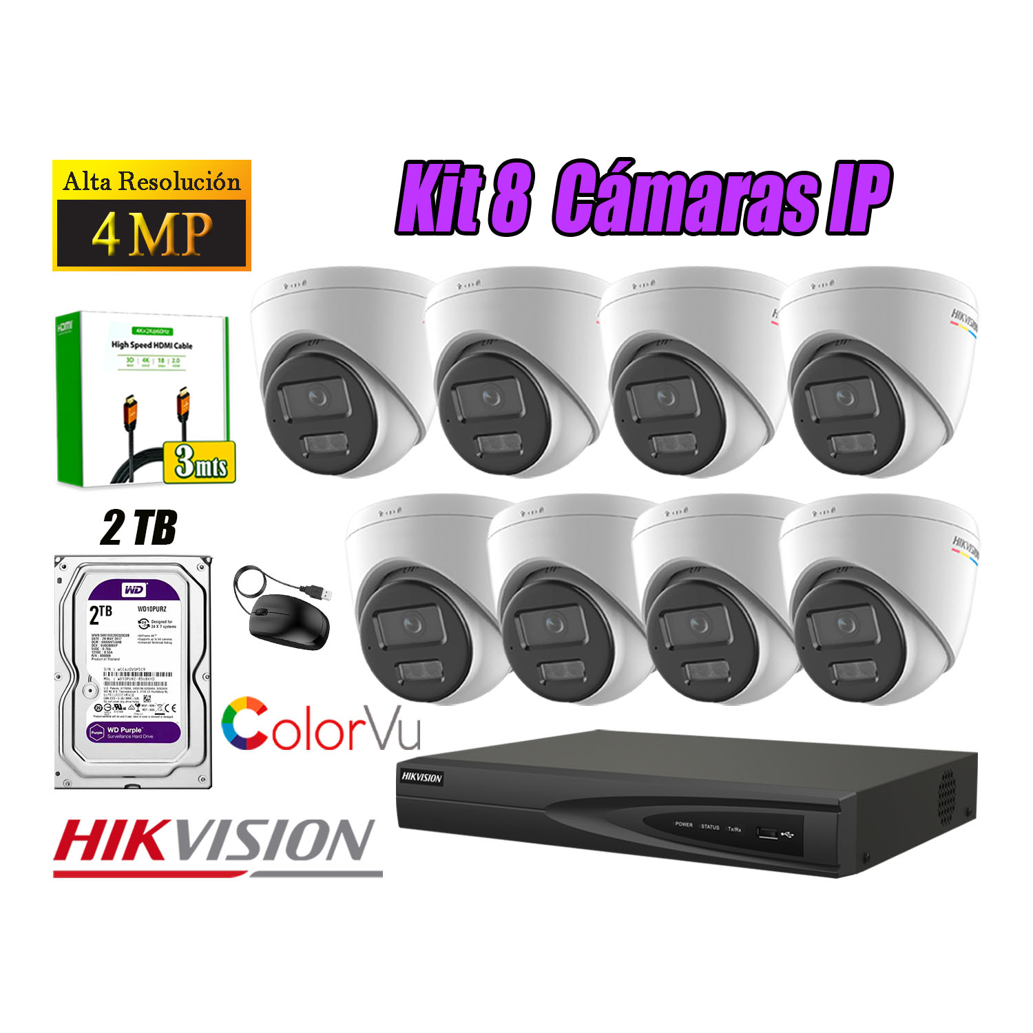 KIT 8 CÁMARA SEGURIDAD HIKVISION IP POE 4MP COLOR VU DOMO VISIÓN COLOR DISCO 2TB - 1