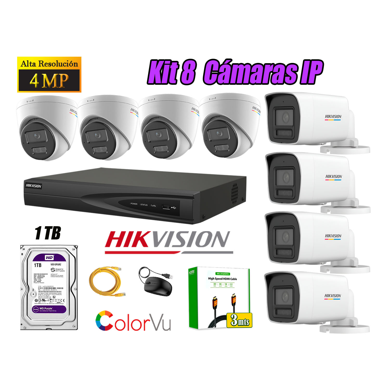 KIT 8 CÁMARA SEGURIDAD HIKVISION IP POE 4MP COLOR VU AUDIO LUZ INTELIGENTE 1TB WD - 1