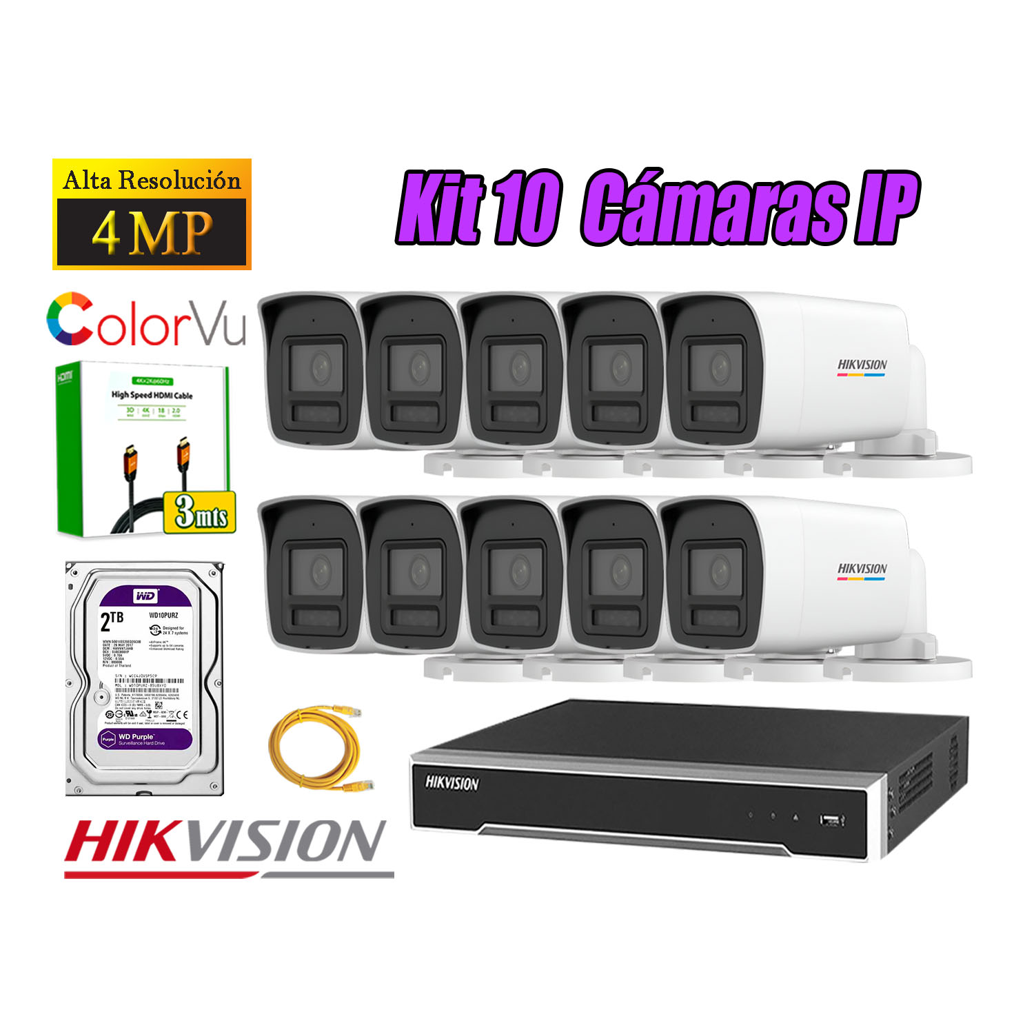 KIT 10 CÁMARA SEGURIDAD HIKVISION IP POE 4MP COLOR VU TUBO VISIÓN COLOR DISCO 2TB - 1