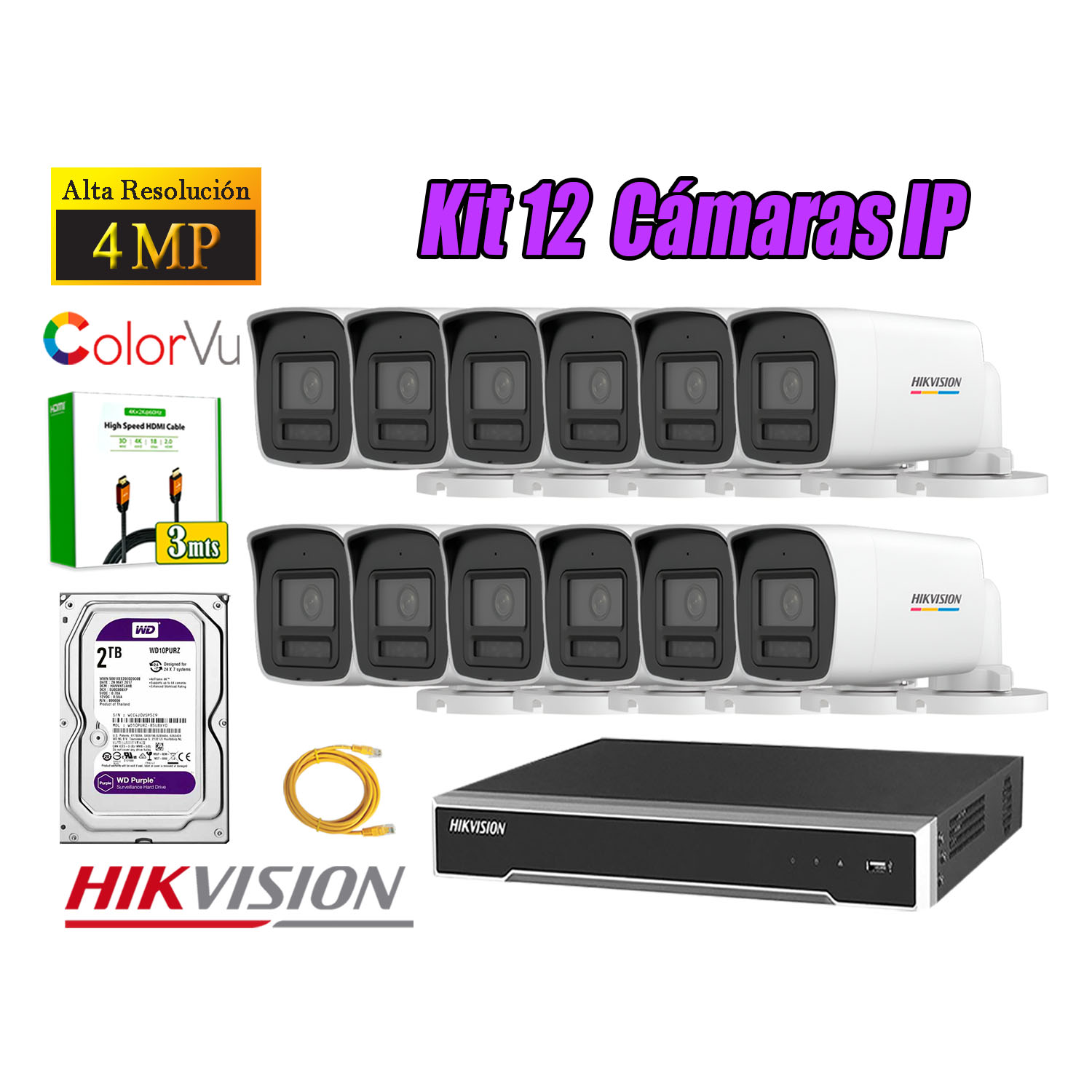 KIT 12 CÁMARA SEGURIDAD HIKVISION IP POE 4MP COLOR VU TUBO VISIÓN COLOR DISCO 2TB - 1