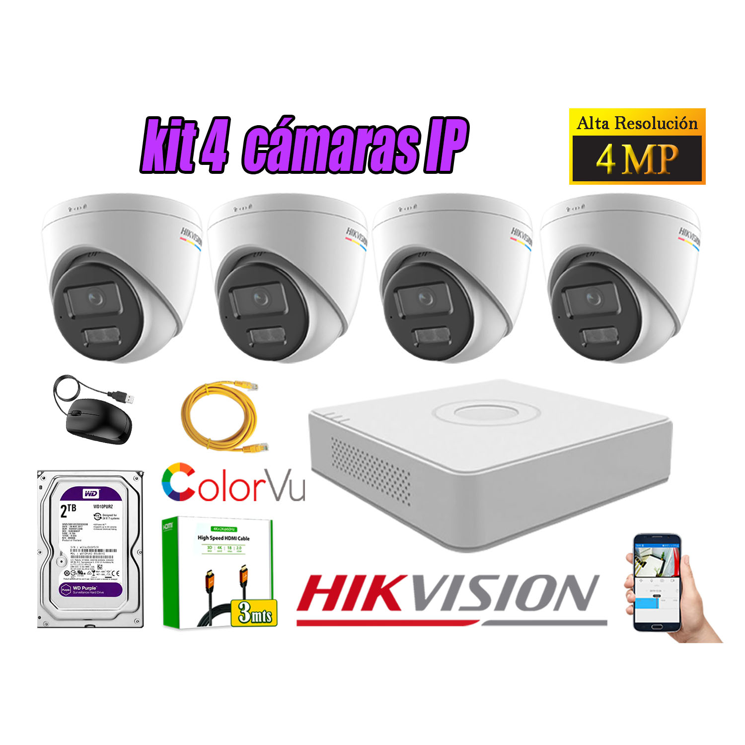KIT 4 CÁMARA SEGURIDAD HIKVISION IP POE 4MP COLOR VU DOMO VISIÓN COLOR DISCO 2TB - 1