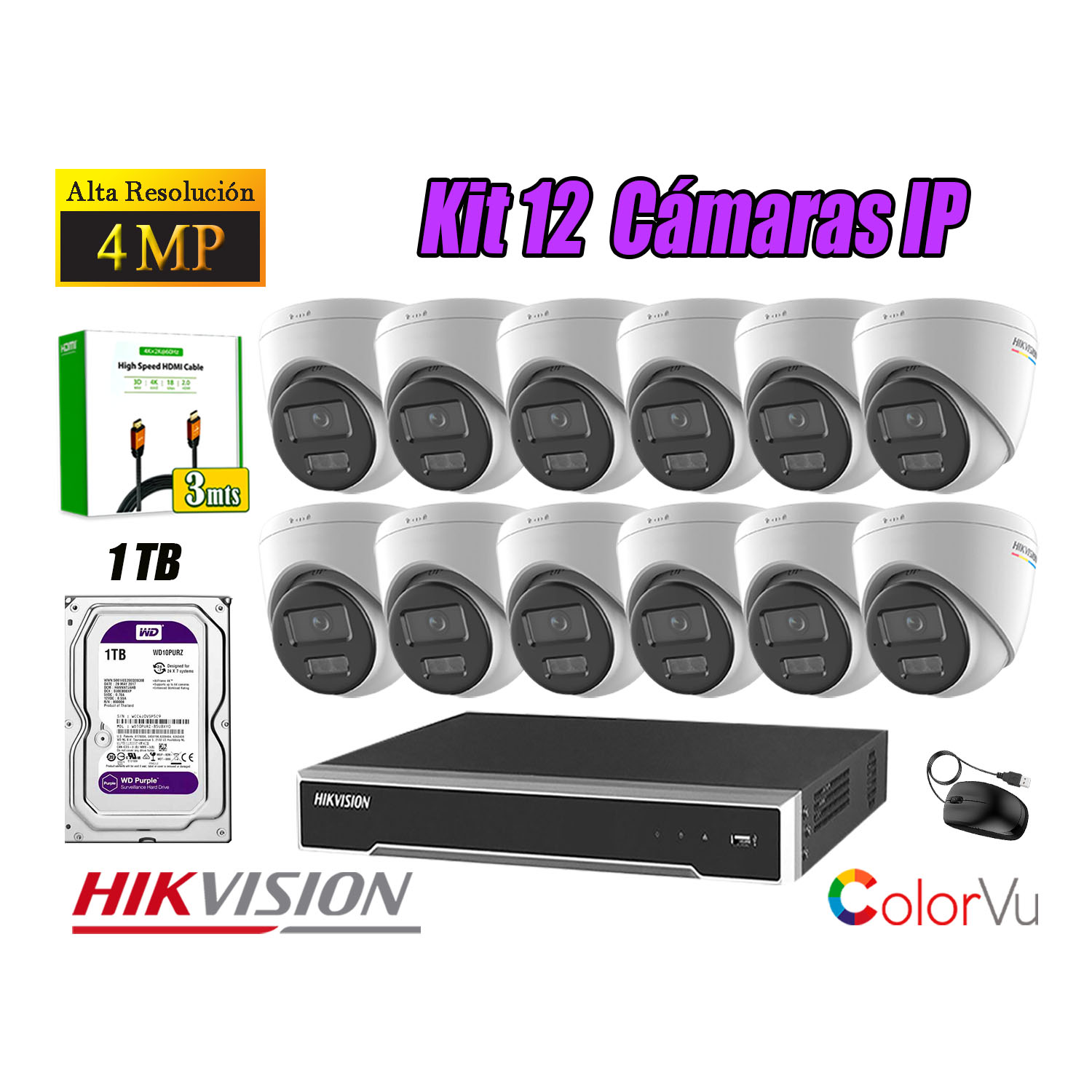 KIT 12 CÁMARA SEGURIDAD HIKVISION IP POE 4MP COLOR VU DOMO VISIÓN COLOR DISCO 1TB - 1