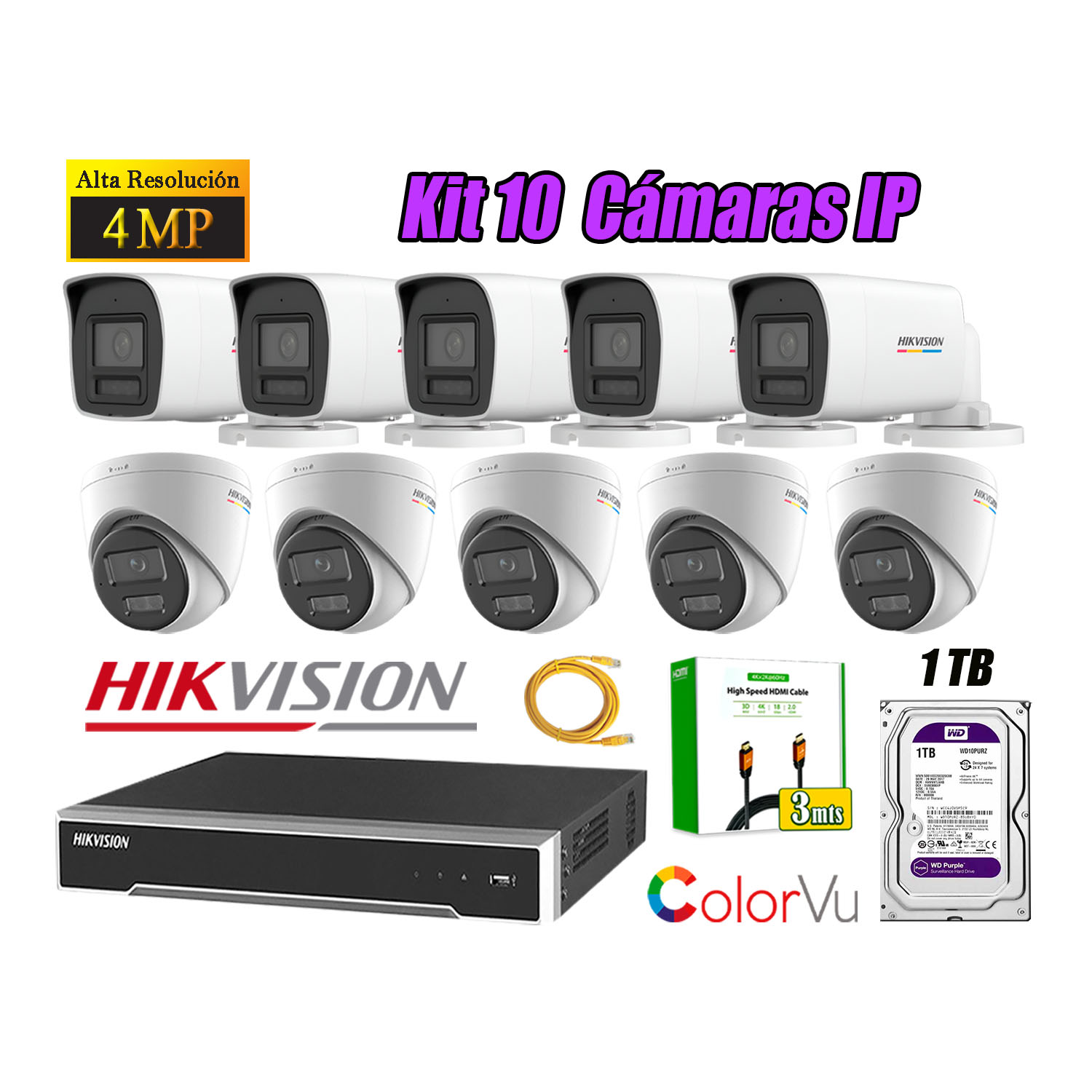 KIT 10 CÁMARA SEGURIDAD HIKVISION IP POE 4MP COLOR VU AUDIO LUZ INTELIGENTE 1TB WD - 1