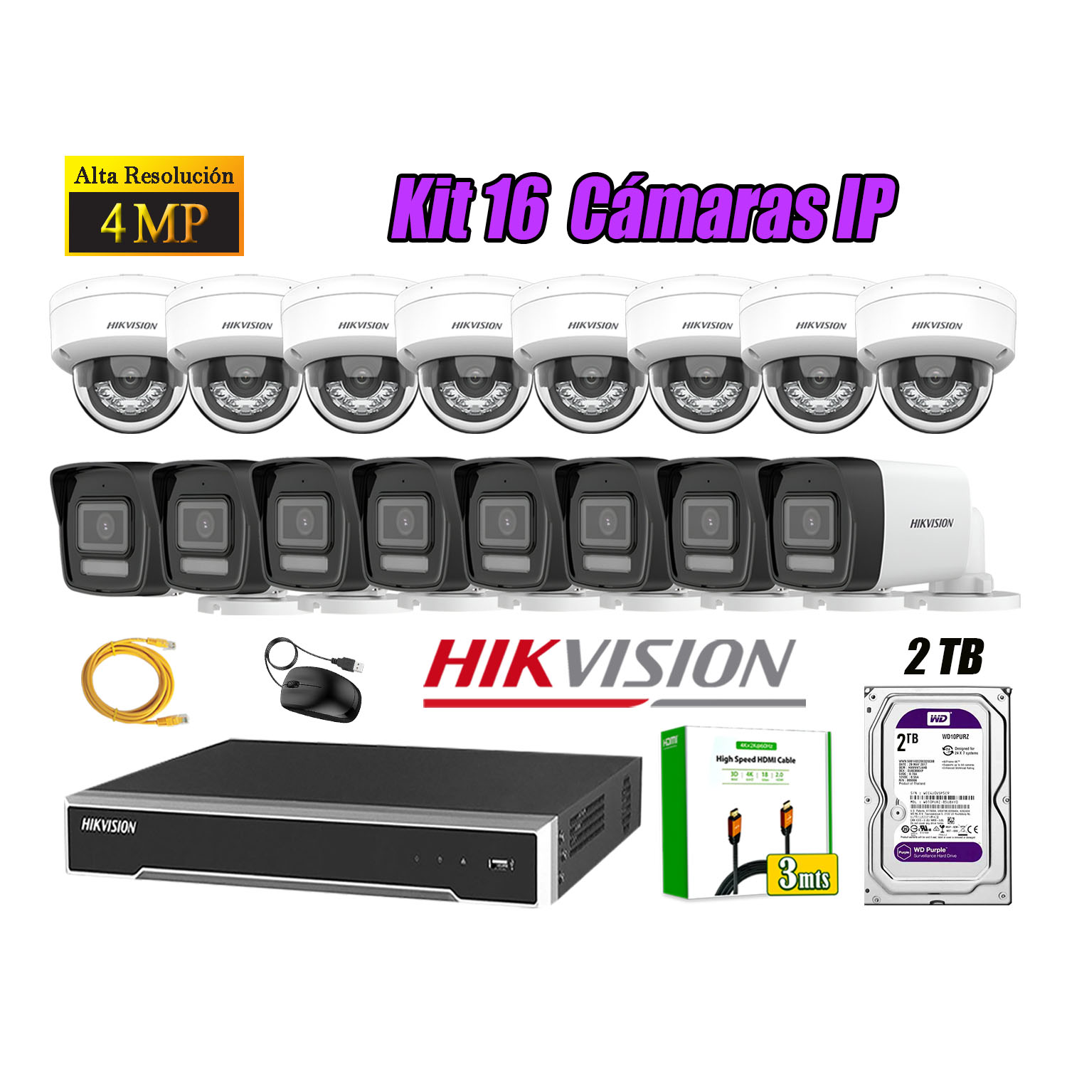 KIT 16 CÁMARA SEGURIDAD HIKVISION IP POE 4MP AUDIO INCORPORADO HDMI 3M DISCO 2TB - 1