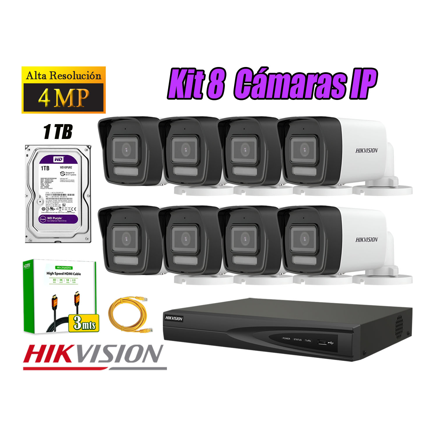 KIT 8 CÁMARA SEGURIDAD HIKVISION IP POE 4MP TUBO AUDIO INCORPORADO DISCO 1TB - 1