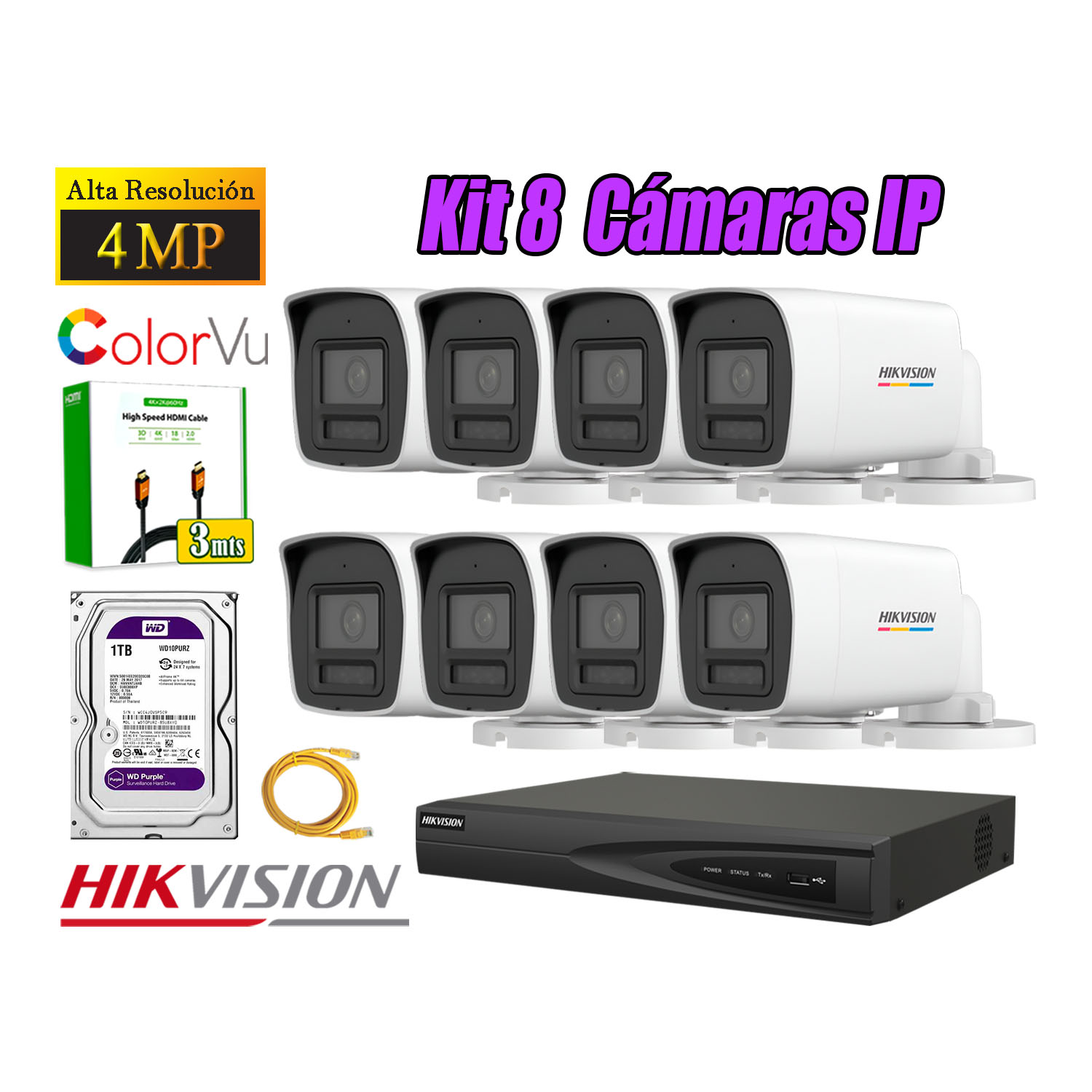 KIT 8 CÁMARA SEGURIDAD HIKVISION IP POE 4MP COLOR VU TUBO VISIÓN COLOR DISCO 1TB - 1