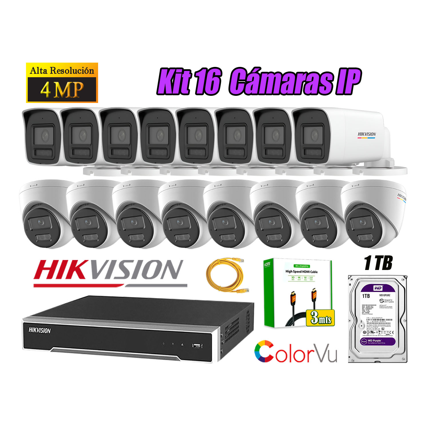 KIT 16 CÁMARA SEGURIDAD HIKVISION IP POE 4MP COLOR VU AUDIO LUZ INTELIGENTE 1TB WD - 1
