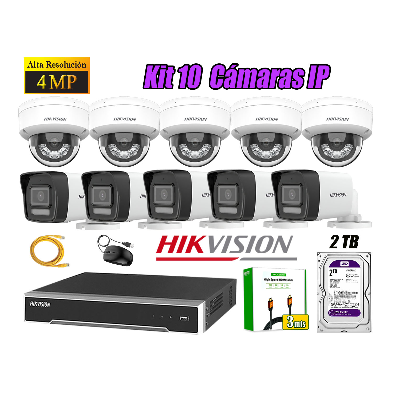 KIT 10 CÁMARA SEGURIDAD HIKVISION IP POE 4MP AUDIO INCORPORADO HDMI 3M DISCO 2TB - 1