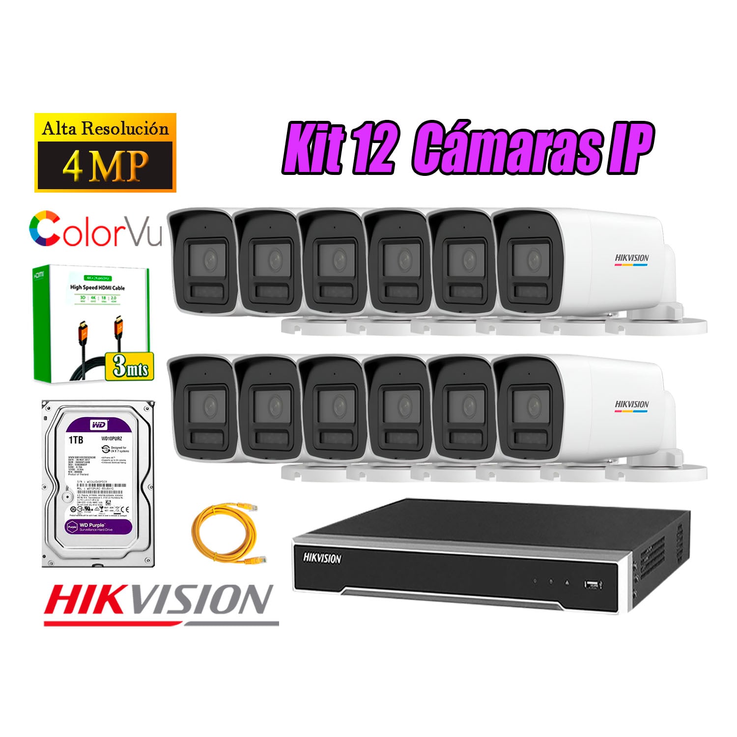 KIT 12 CÁMARA SEGURIDAD HIKVISION IP POE 4MP COLOR VU TUBO VISIÓN COLOR DISCO 1TB - 1
