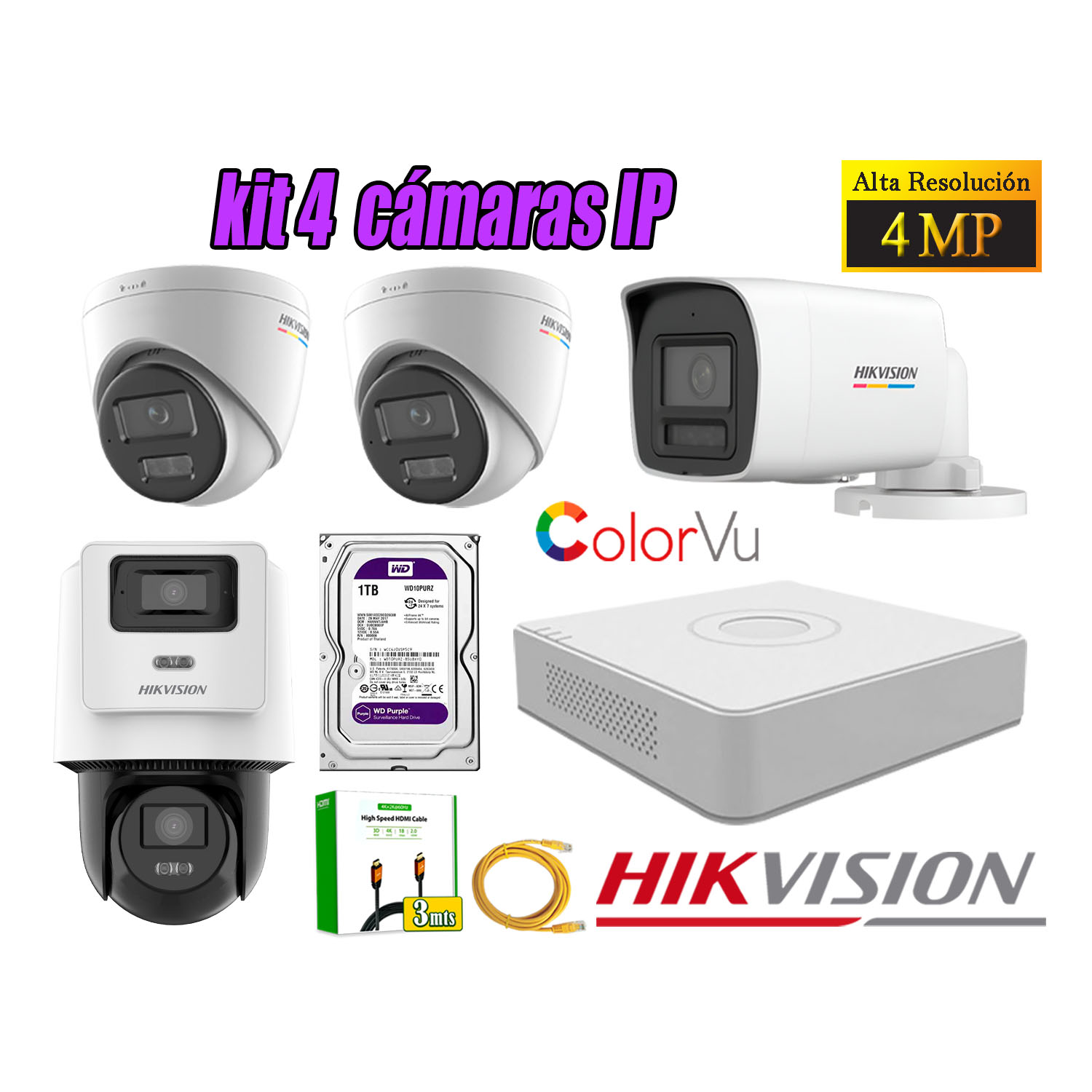 KIT 4 CÁMARA SEGURIDAD HIKVISION IP POE 4MP COLORVU 1 CÁMARA PTZ DETECCIÓN PERSONA 1TB - 1