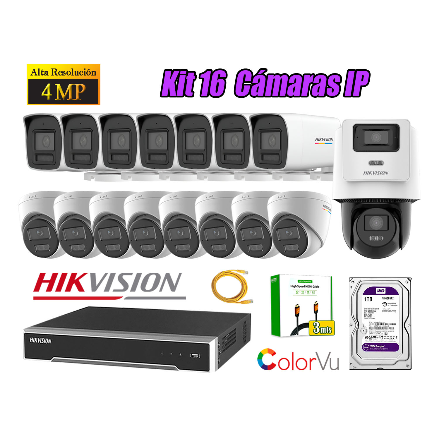 KIT 16 CÁMARA SEGURIDAD HIKVISION IP POE 4MP COLORVU 1 CÁMARA PTZ DETECCIÓN PERSONA 1TB - 1