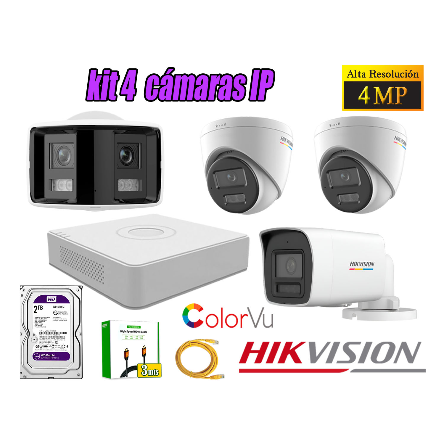 KIT 4 CÁMARA SEGURIDAD HIKVISION IP POE 4MP COLORVU 1 CÁMARA PANORÁMICA ALARMA DISC 2TB - 1