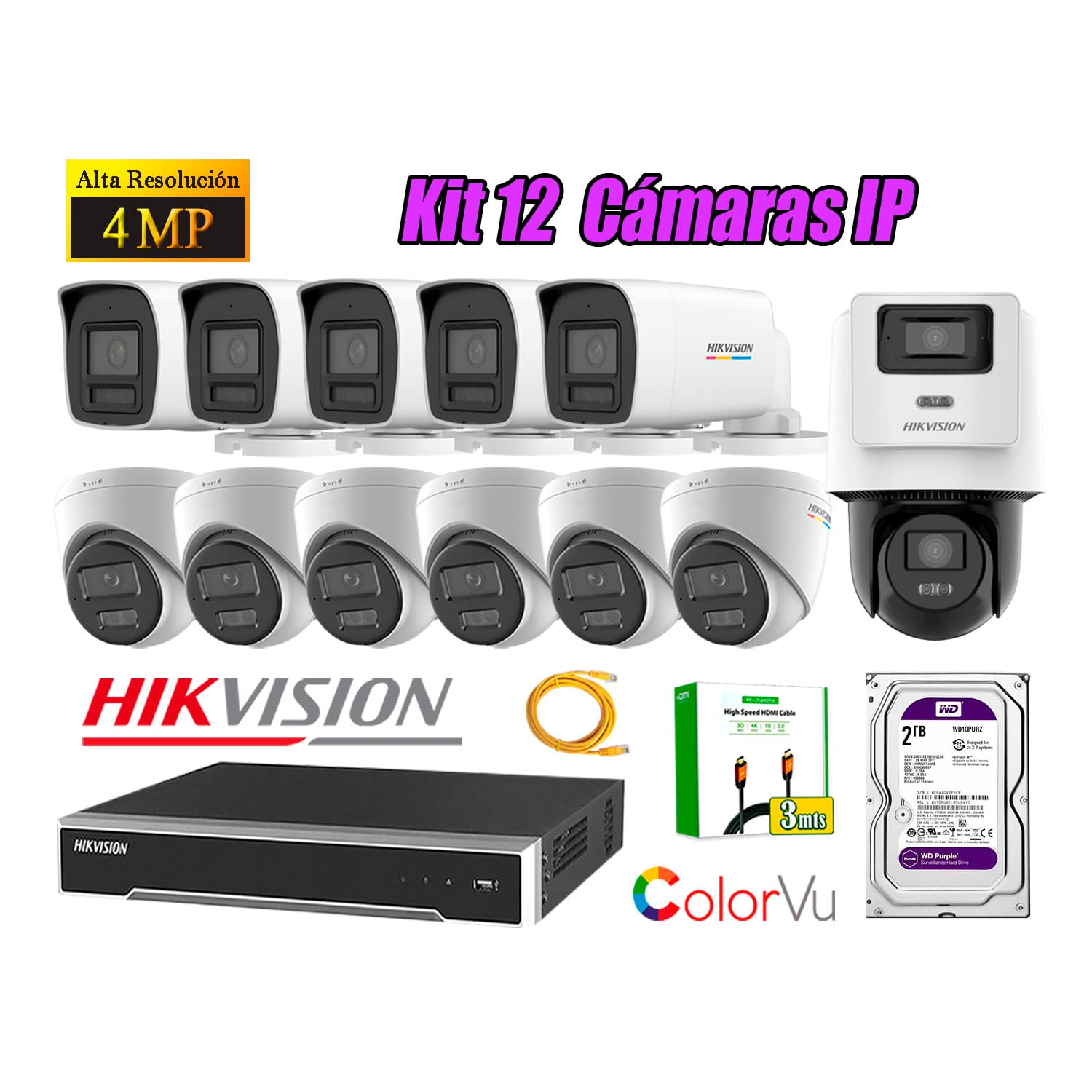 KIT 12 CÁMARA SEGURIDAD HIKVISION IP POE 4MP COLORVU 1 CÁMARA PTZ DETECCIÓN PERSONA 2TB - 1