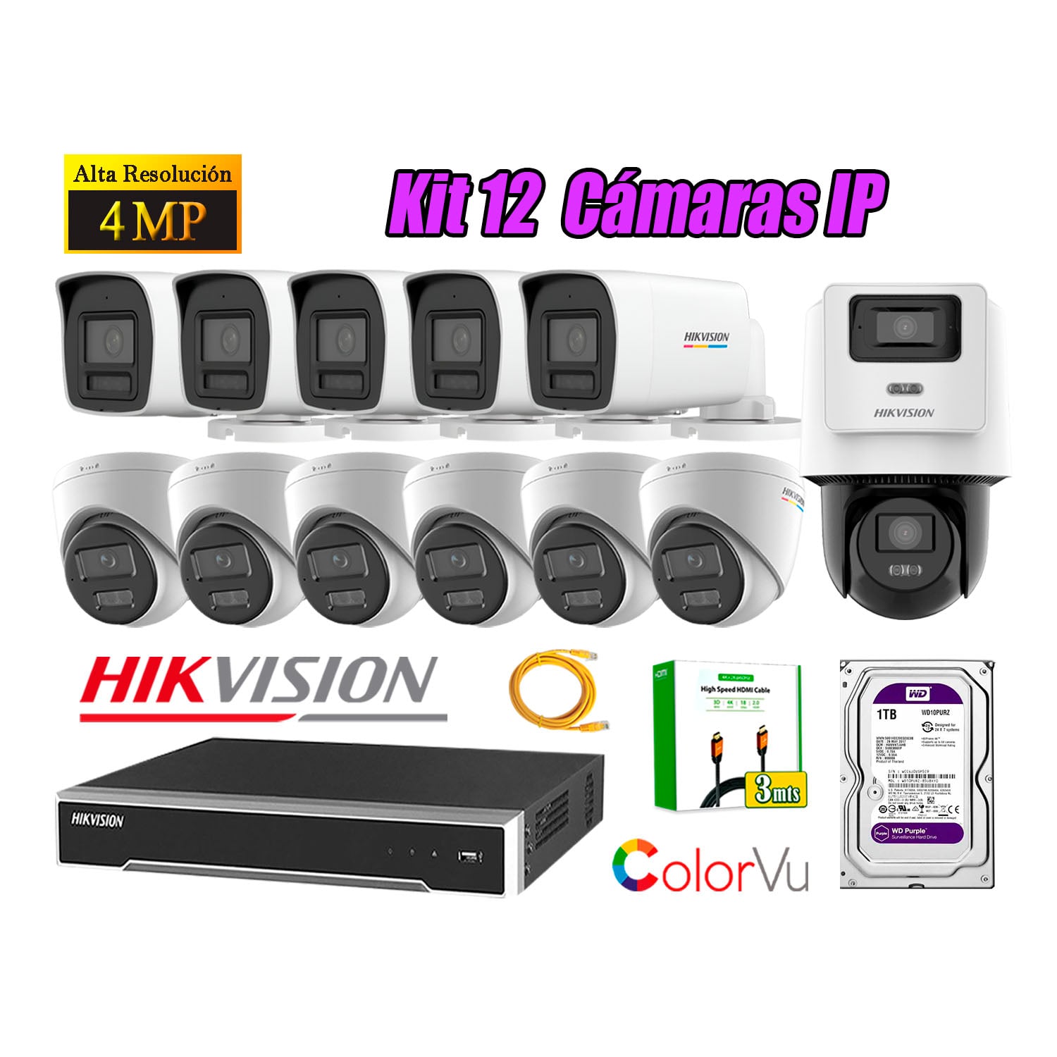 KIT 12 CÁMARA SEGURIDAD HIKVISION IP POE 4MP COLORVU 1 CÁMARA PTZ DETECCIÓN PERSONA 1TB - 1
