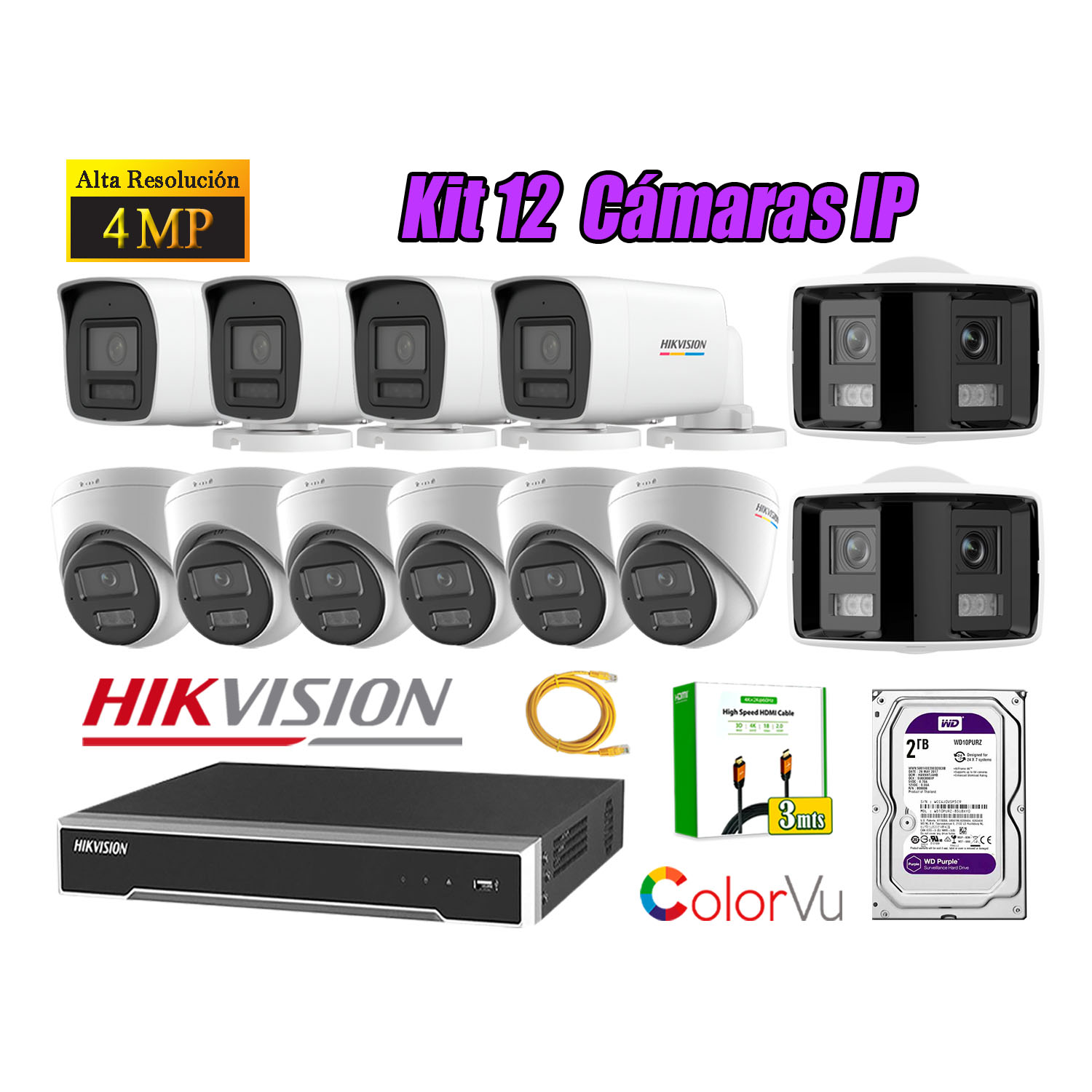 KIT 12 CÁMARA SEGURIDAD HIKVISION IP POE 4MP COLORVU 2 CÁMARA PANORÁMICA ALARMA 2TB WD - 1