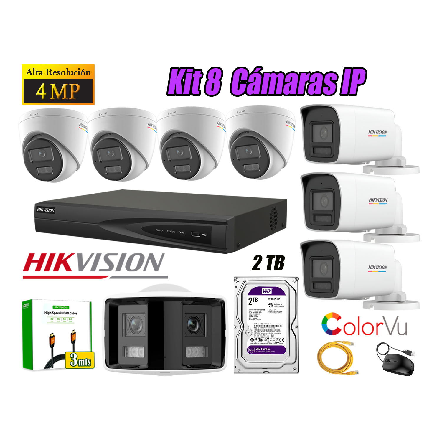 KIT 8 CÁMARA SEGURIDAD HIKVISION IP POE 4MP COLORVU 1 CÁMARA PANORÁMICA ALARMA DISC 2TB - 1