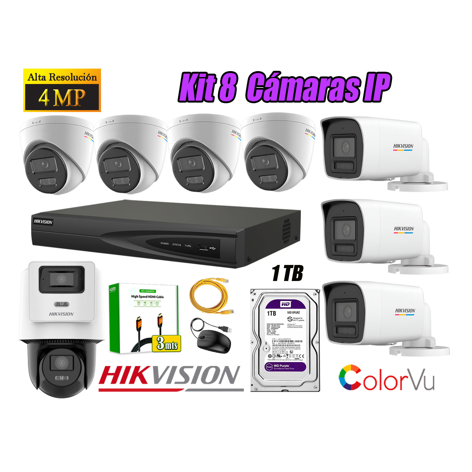 KIT 8 CÁMARA SEGURIDAD HIKVISION IP POE 4MP COLORVU 1 CÁMARA PTZ DETECCIÓN PERSONA 1TB - 1
