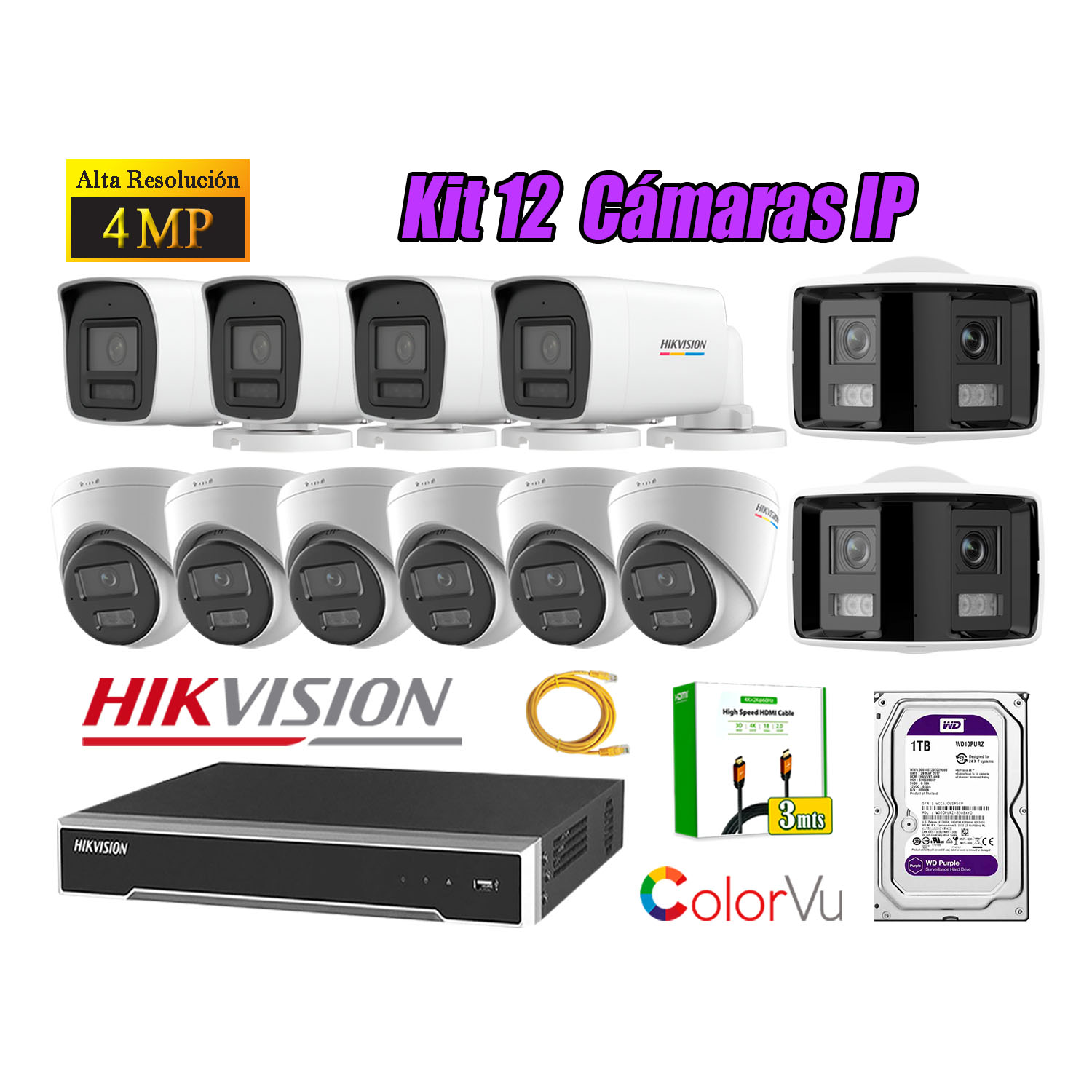 KIT 12 CÁMARA SEGURIDAD HIKVISION IP POE 4MP COLORVU 2 CÁMARA PANORÁMICA ALARMA 1TB WD - 1