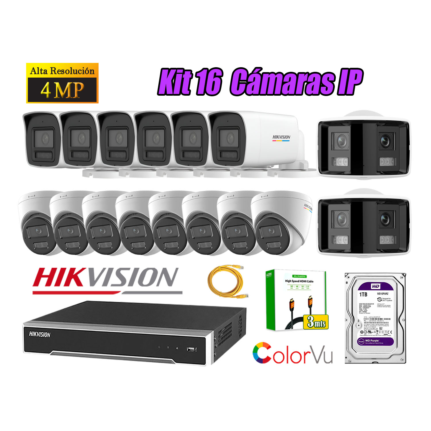 KIT 16 CÁMARA SEGURIDAD HIKVISION IP POE 4MP COLORVU 2 CÁMARA PANORÁMICA ALARMA 1TB WD - 1